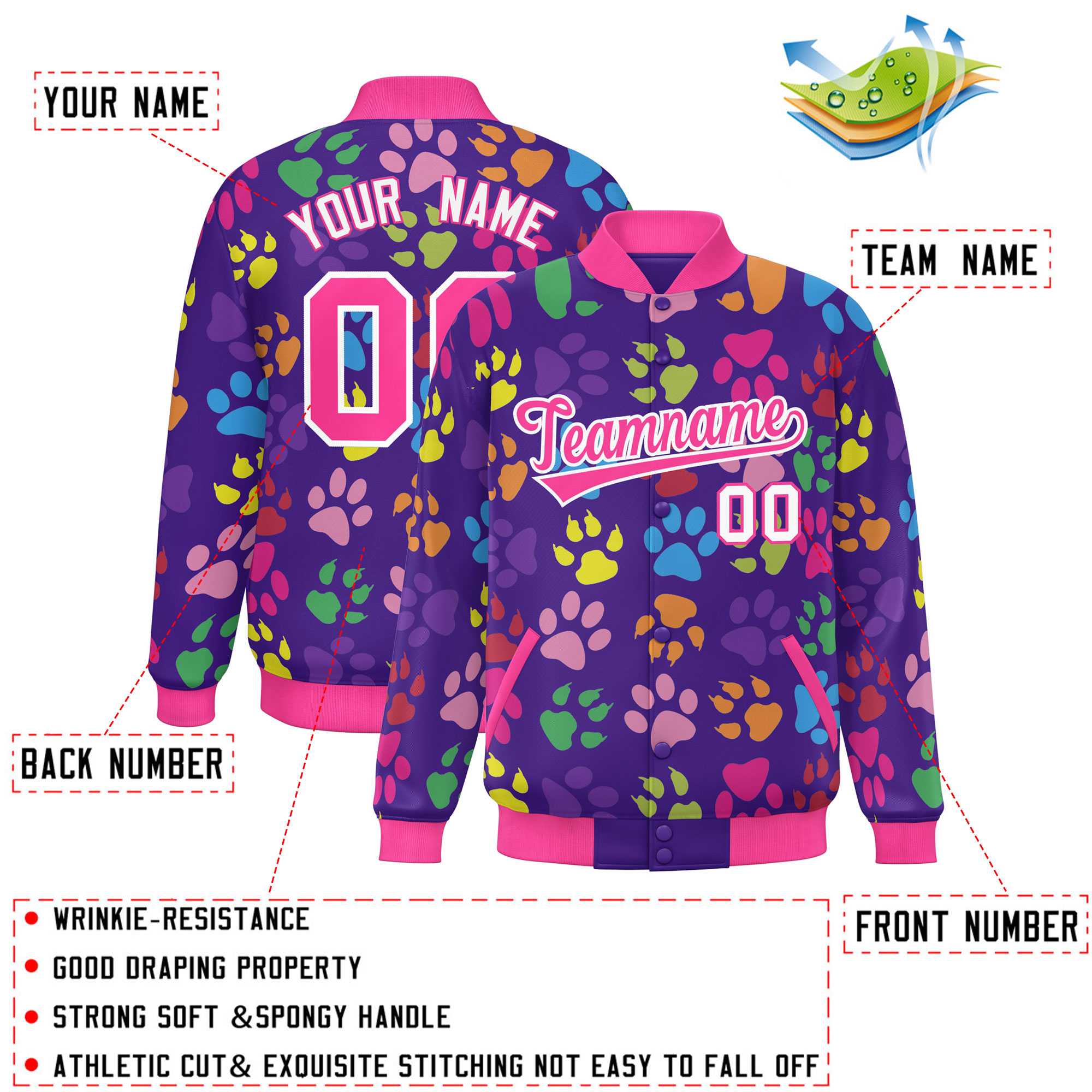 Custom Purple Pink-White Varsity Pets Paw Prints Graffiti Pattern Letterman Baseball Jacket