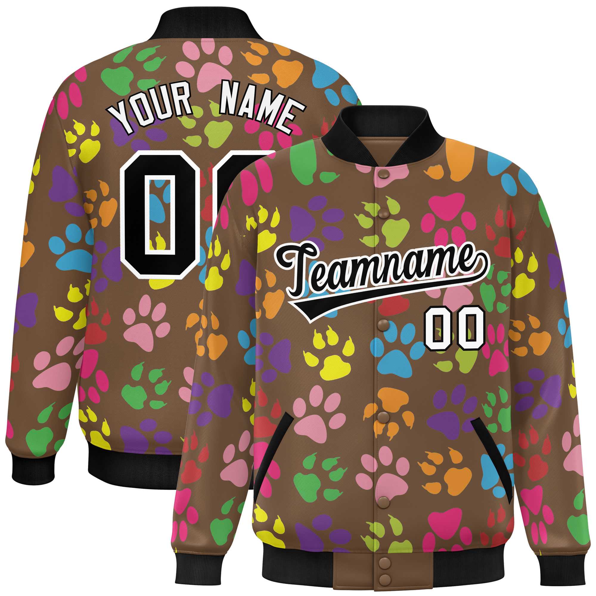 Custom Light Brown Black-White Varsity Pets Paw Prints Graffiti Pattern Letterman Baseball Jacket