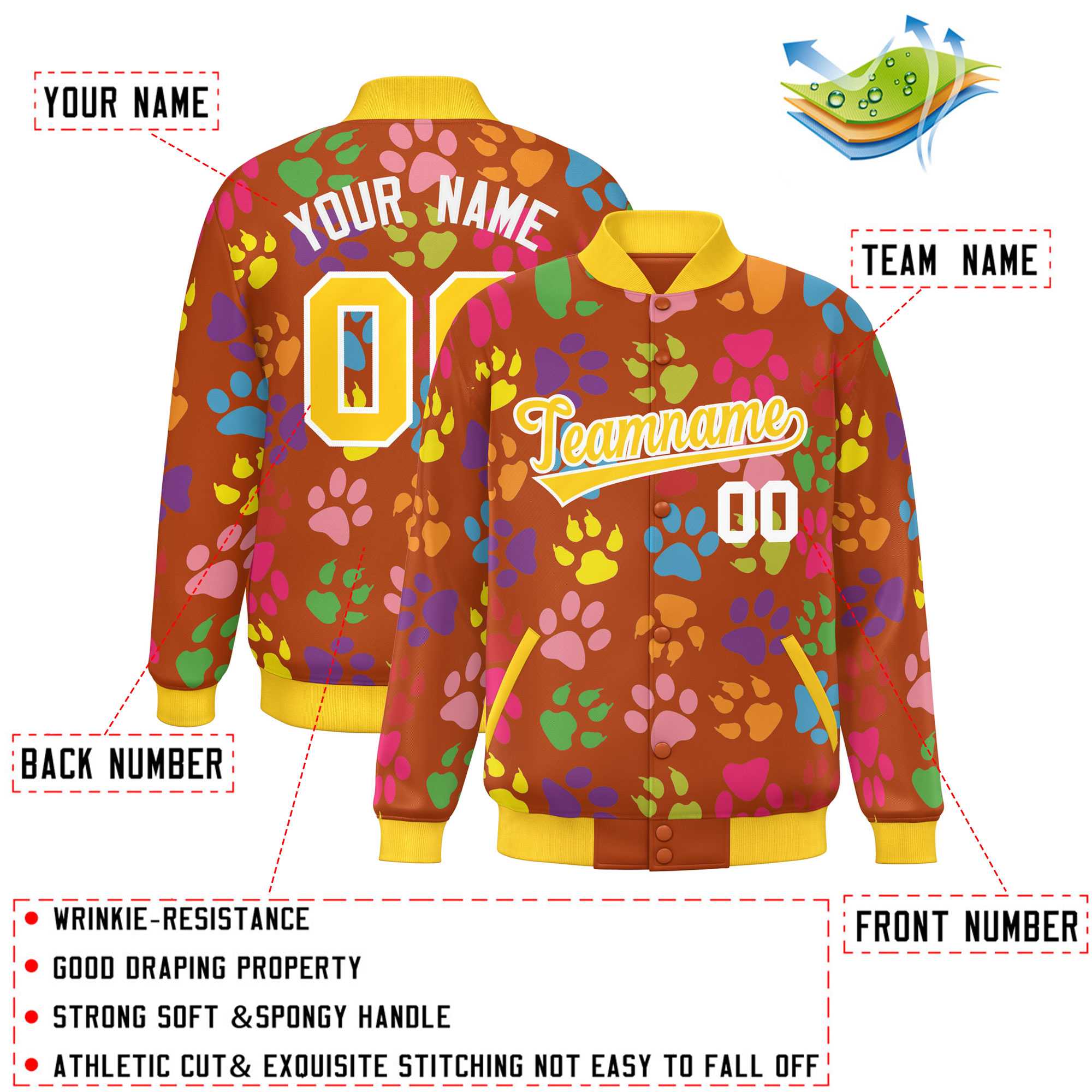 Custom Texas Orange Gold-White Varsity Pets Paw Prints Graffiti Pattern Letterman Baseball Jacket