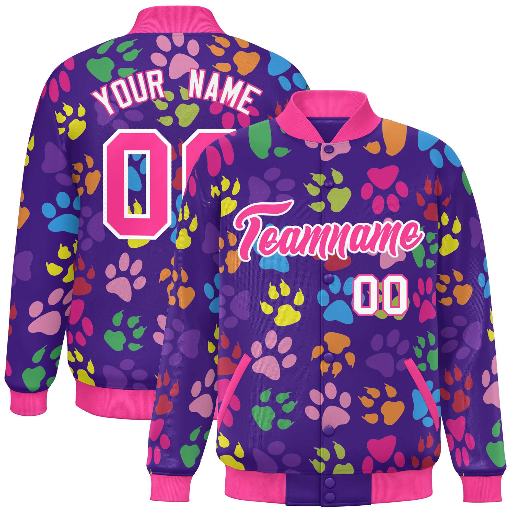 Custom Purple Pink-White Varsity Pets Paw Prints Graffiti Pattern Letterman Baseball Jacket