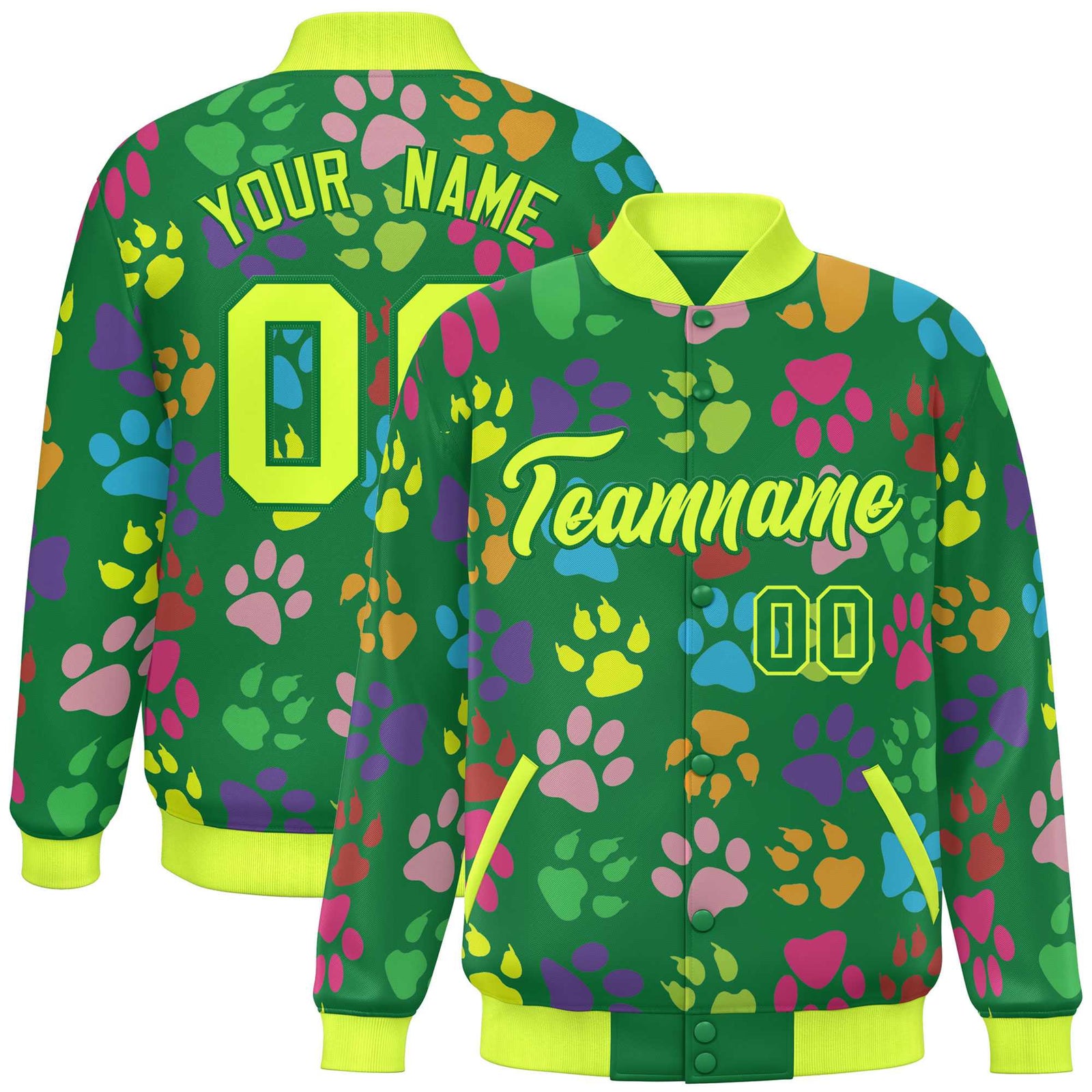 Custom Kelly Green Neon Green Varsity Pets Paw Prints Graffiti Pattern Letterman Baseball Jacket