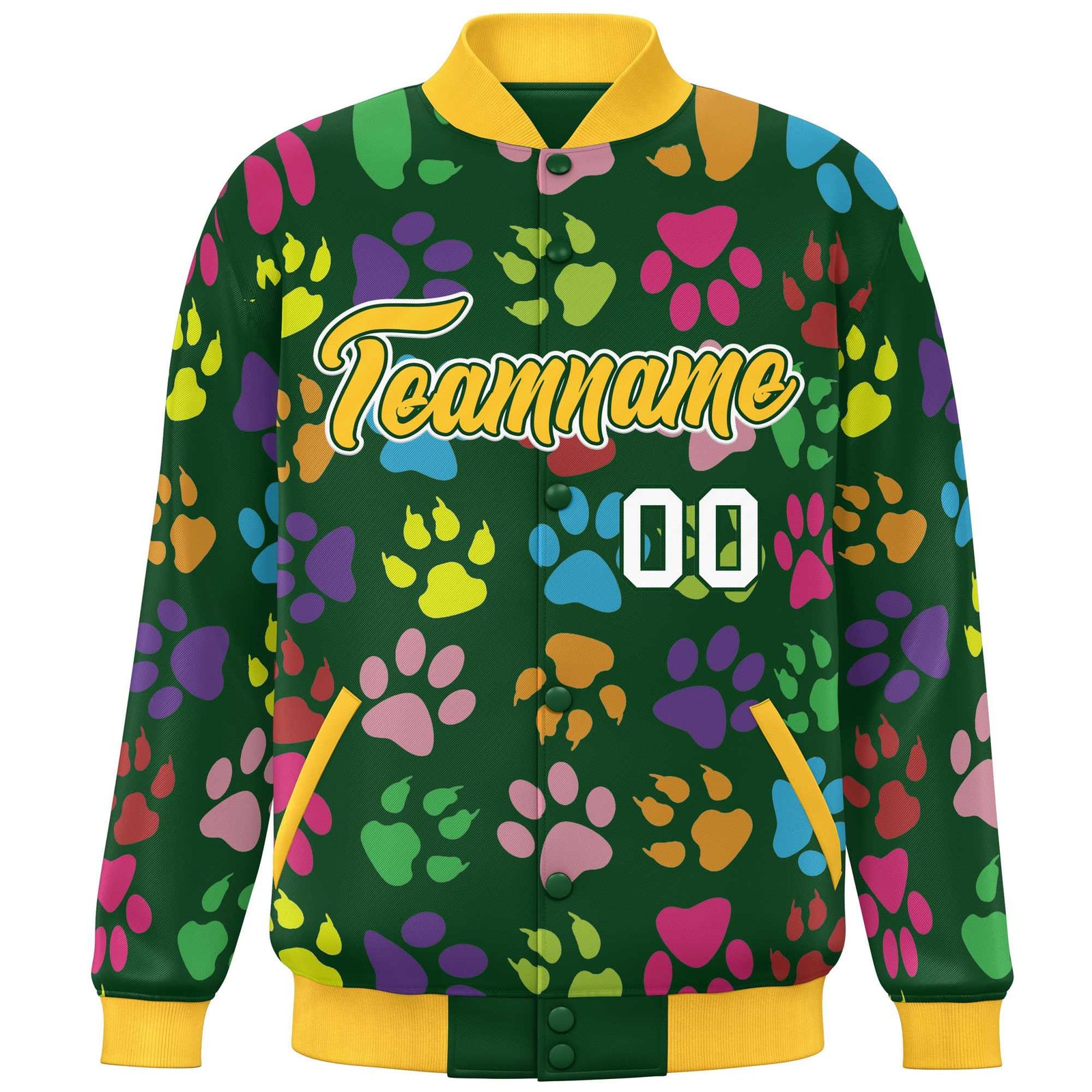 Custom Green Gold-White Varsity Pets Paw Prints Graffiti Pattern Letterman Baseball Jacket