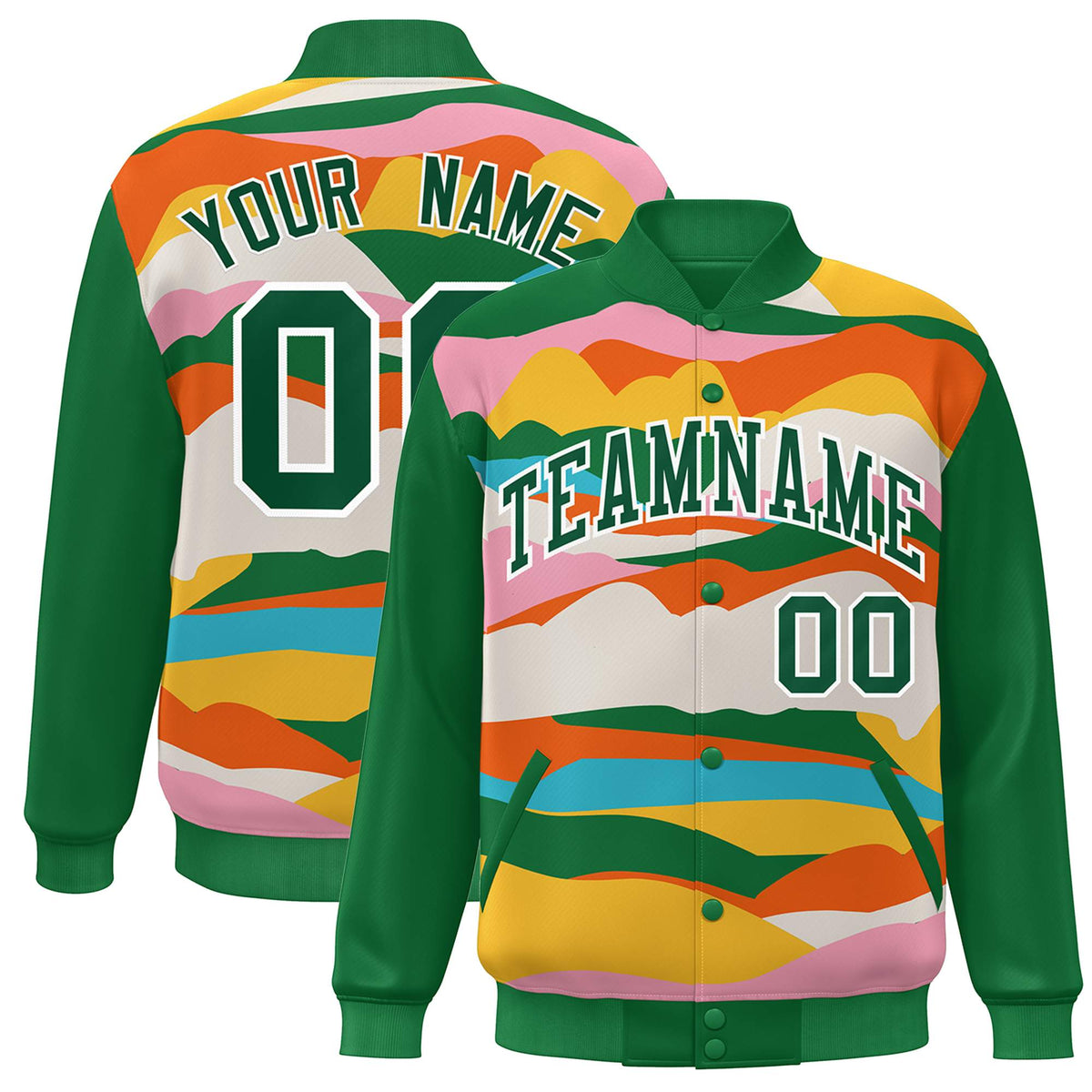 Custom Kelly Green White Multi Clouds Graffiti Pattern Varsity Full-Snap Jacket