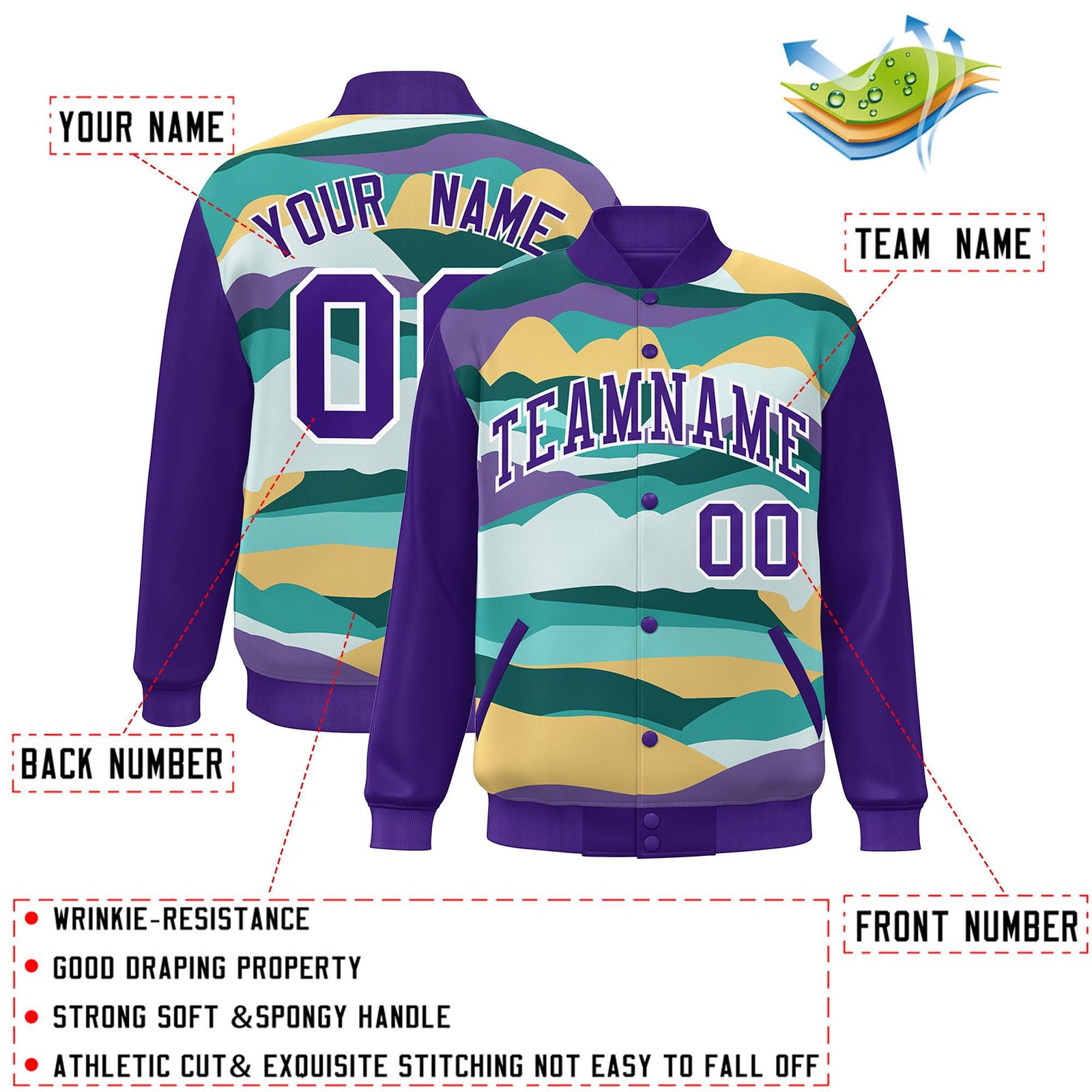 Custom Purple White Multi Clouds Graffiti Pattern Varsity Full-Snap Jacket