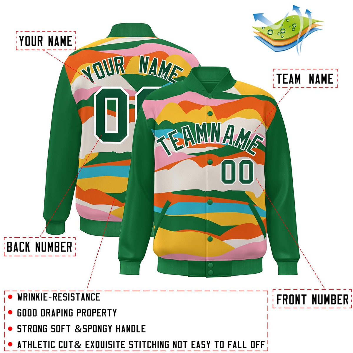 Custom Kelly Green White Multi Clouds Graffiti Pattern Varsity Full-Snap Jacket
