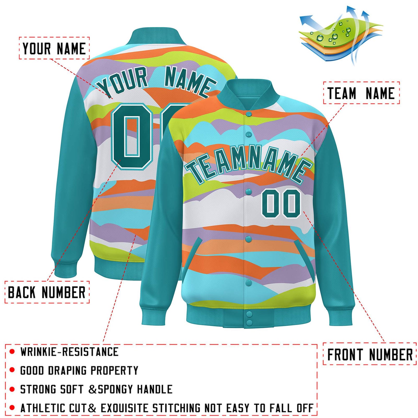 Custom Aqua White Multi Clouds Graffiti Pattern Varsity Full-Snap Jacket