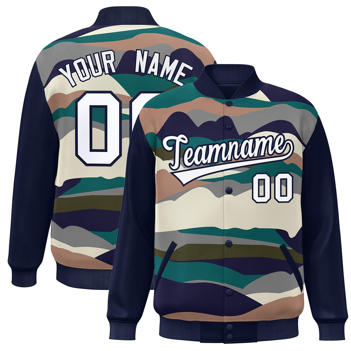 Custom Navy White Multi Clouds Graffiti Pattern Varsity Full-Snap Jacket