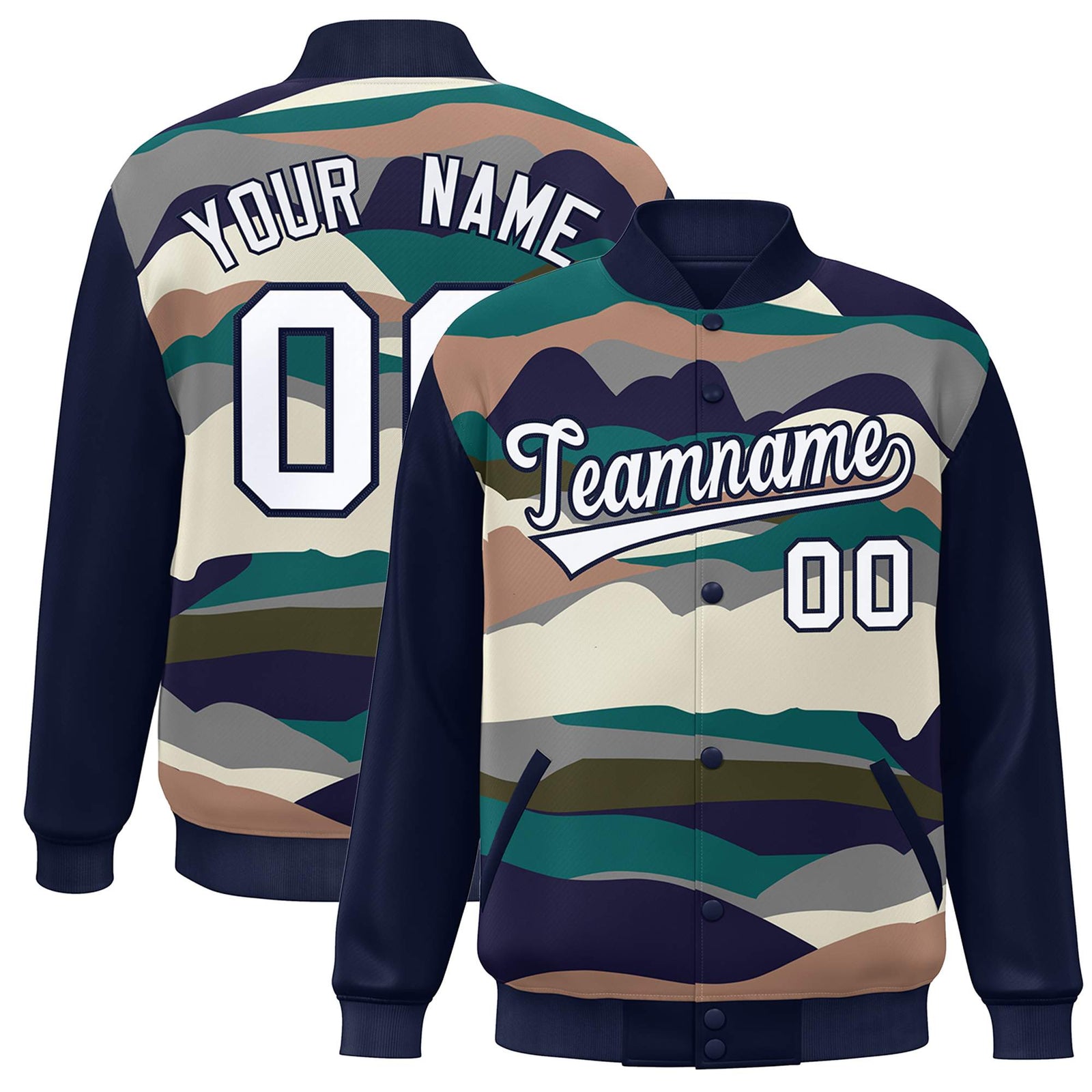 Custom Navy White Multi Clouds Graffiti Pattern Varsity Full-Snap Jacket