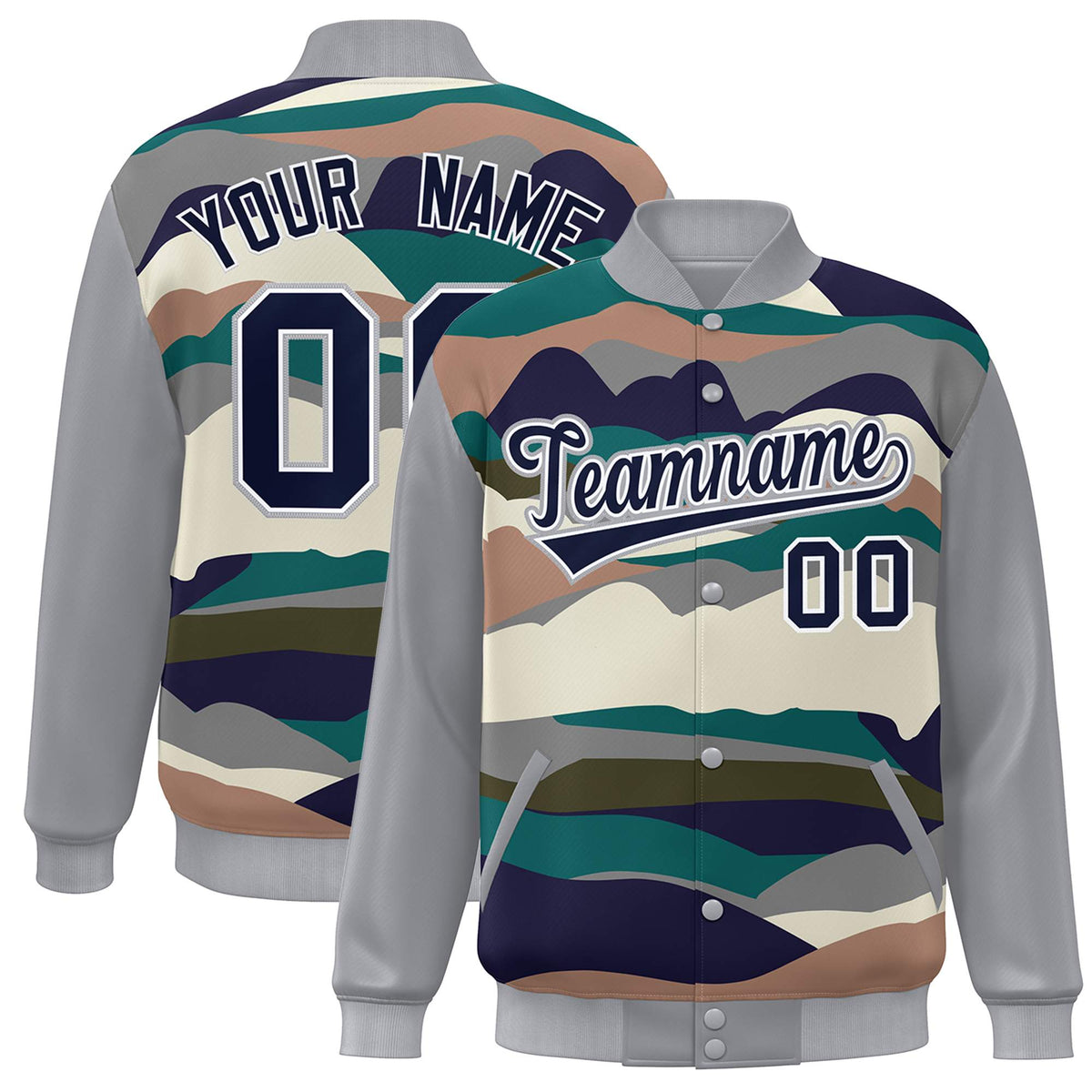 Custom Gray Navy-White Multi Clouds Graffiti Pattern Varsity Full-Snap Jacket
