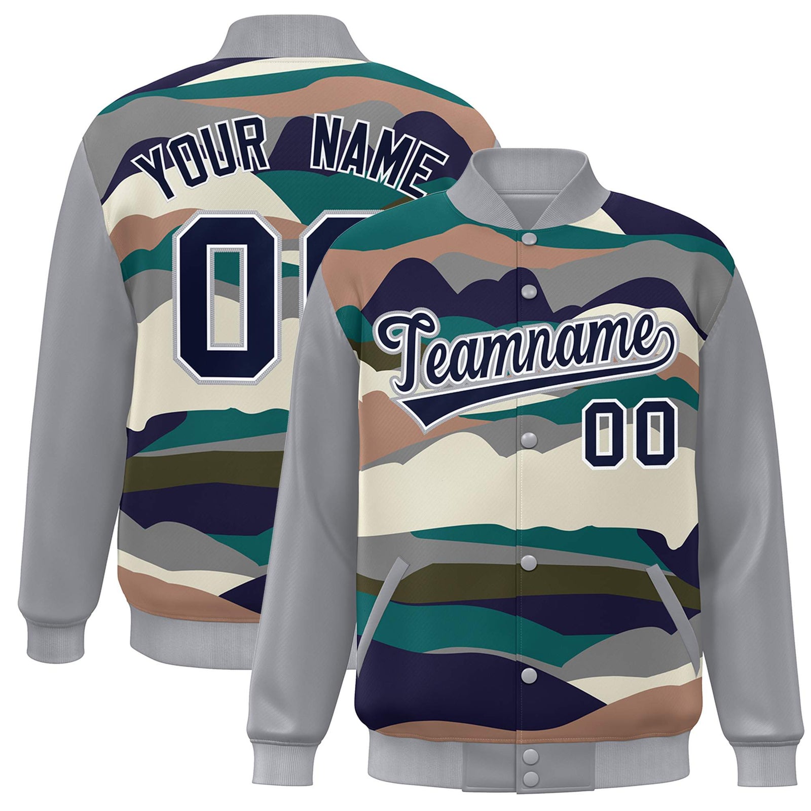 Custom Gray Navy-White Multi Clouds Graffiti Pattern Varsity Full-Snap Jacket