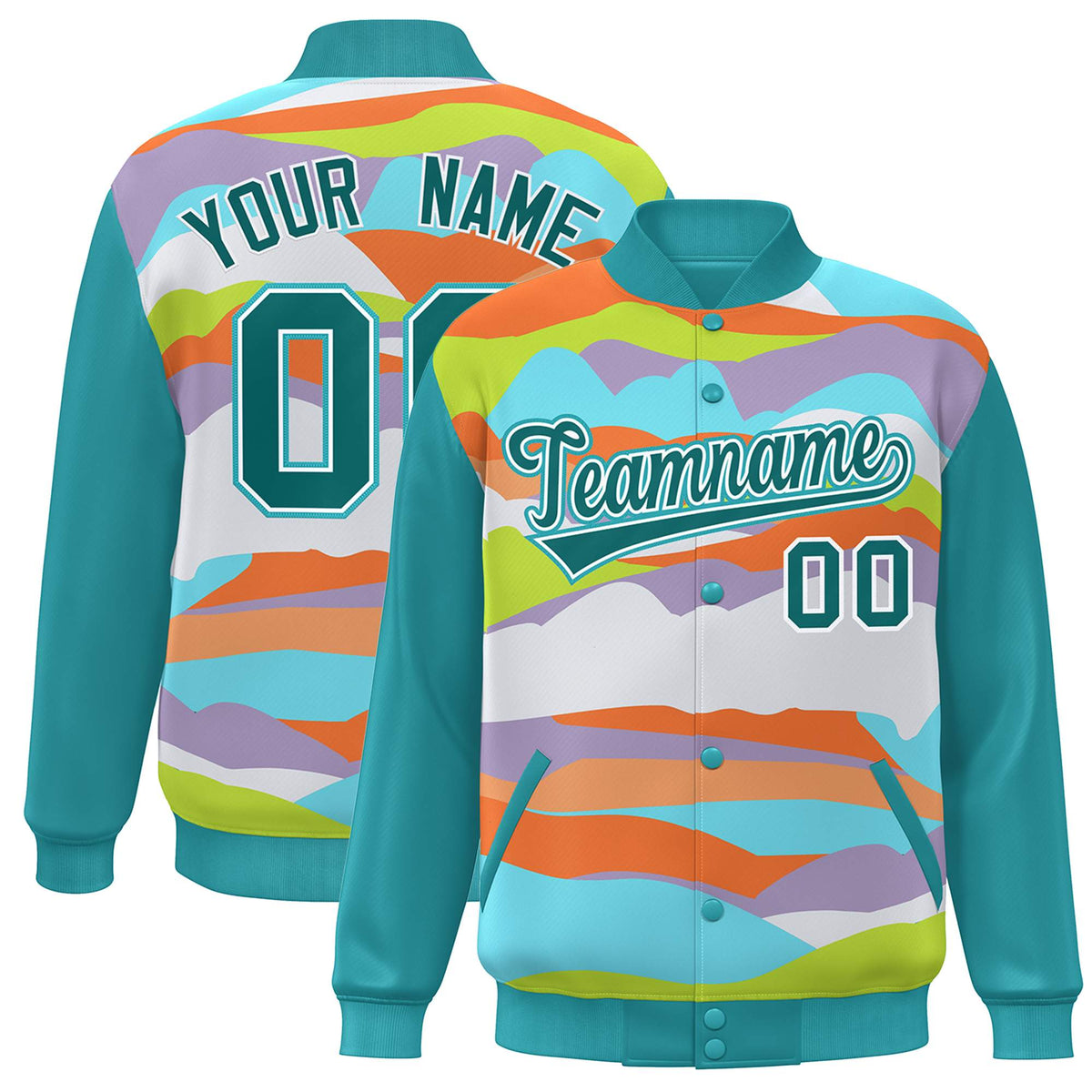 Custom Aqua White Multi Clouds Graffiti Pattern Varsity Full-Snap Jacket