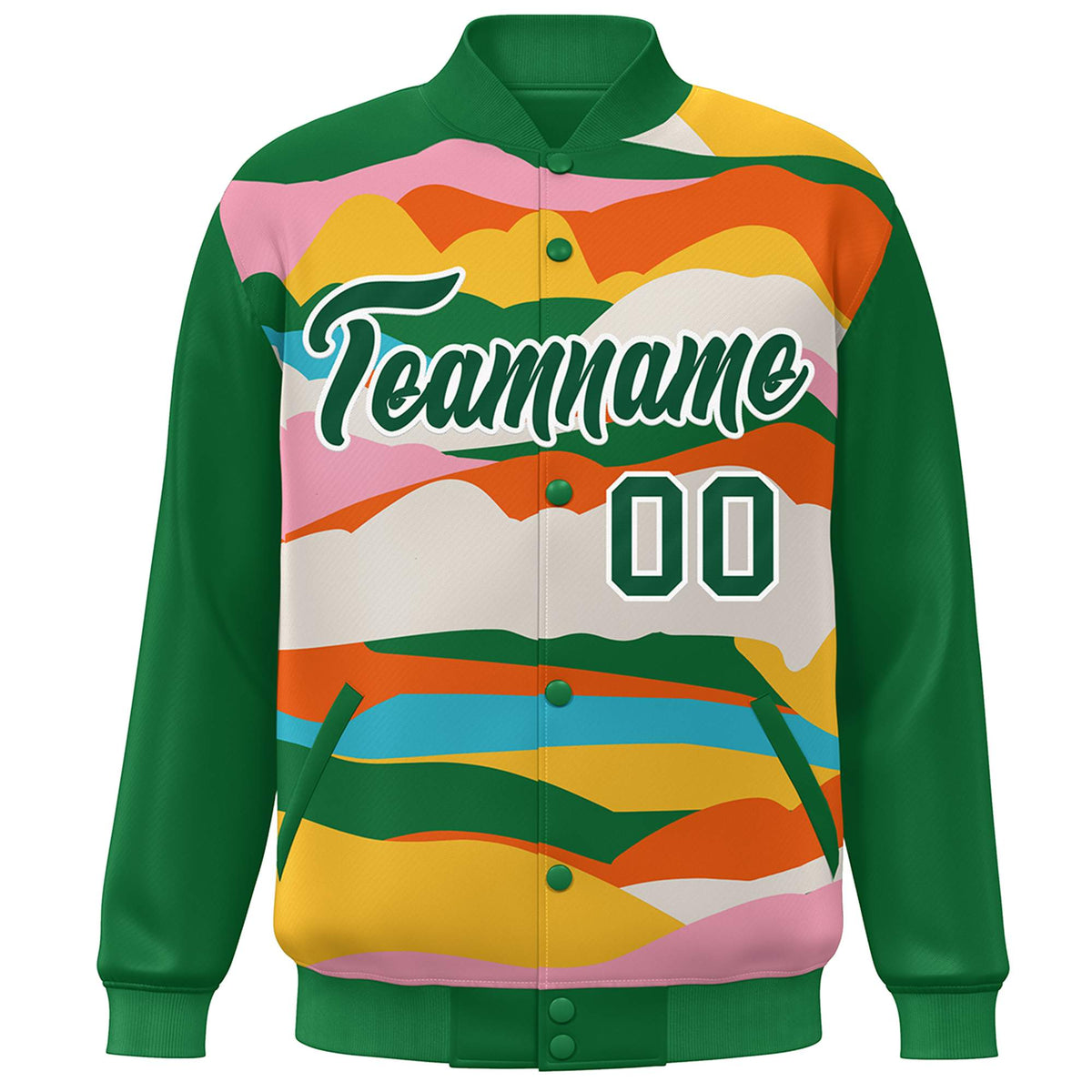 Custom Kelly Green White Multi Clouds Graffiti Pattern Varsity Full-Snap Jacket