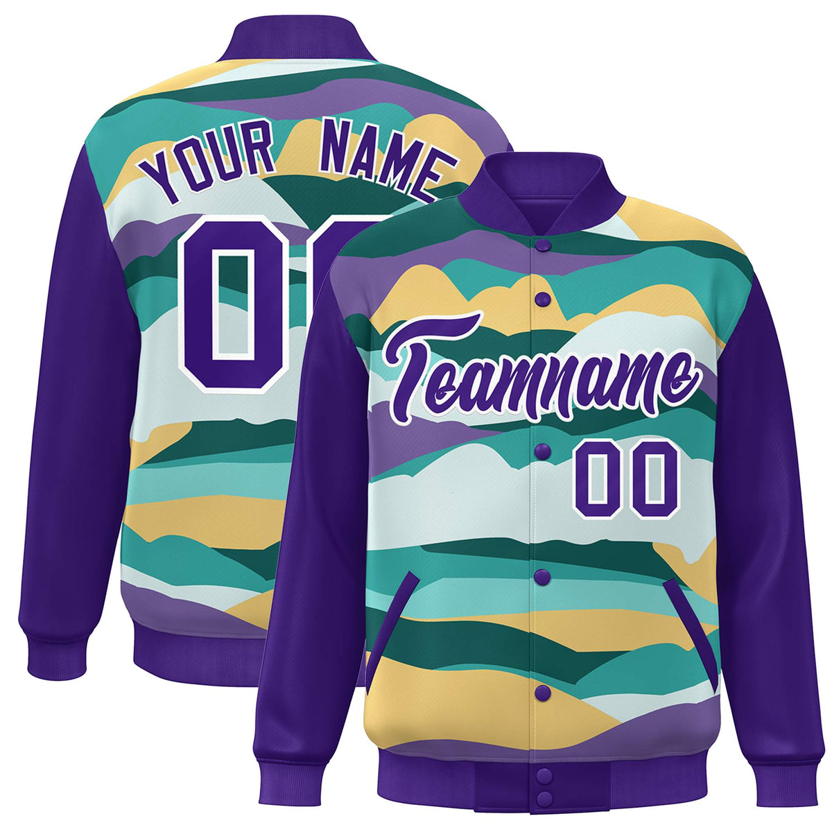 Custom Purple White Multi Clouds Graffiti Pattern Varsity Full-Snap Jacket