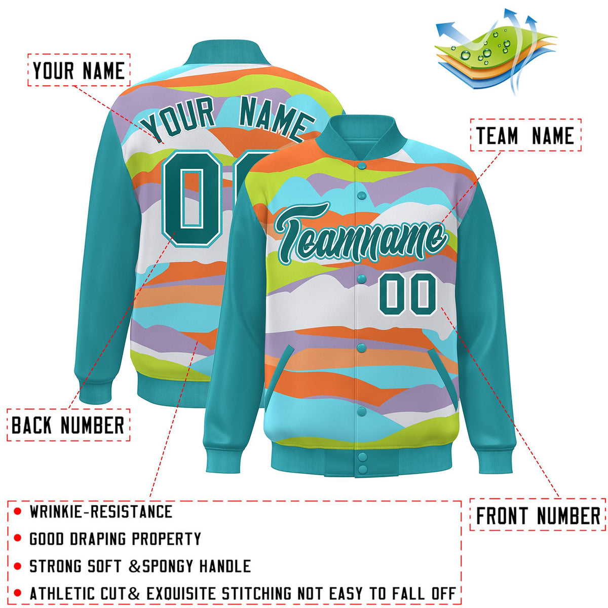 Custom Aqua White Multi Clouds Graffiti Pattern Varsity Full-Snap Jacket
