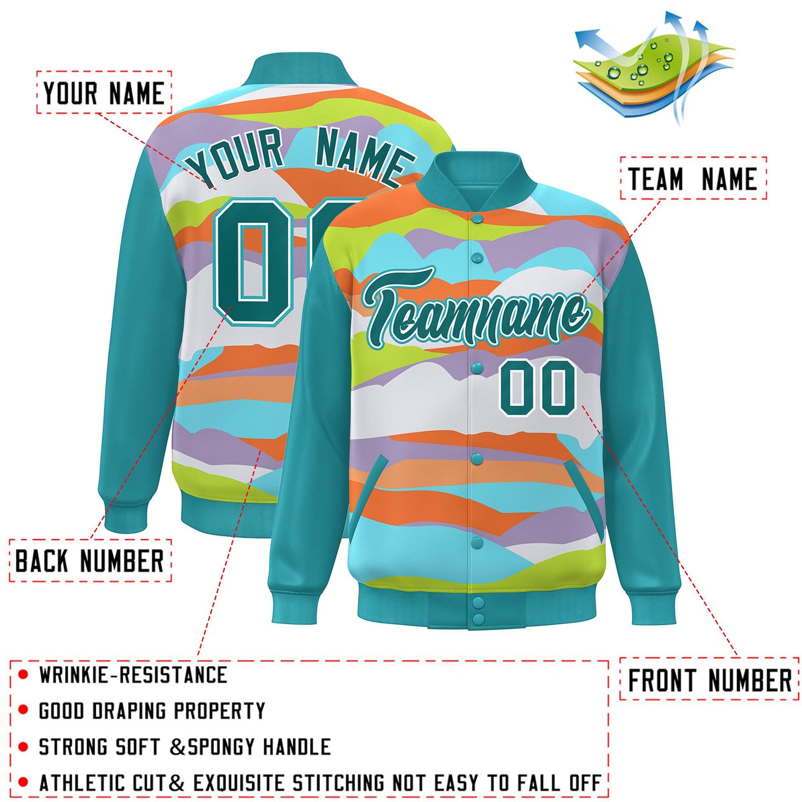 Custom Aqua White Multi Clouds Graffiti Pattern Varsity Full-Snap Jacket