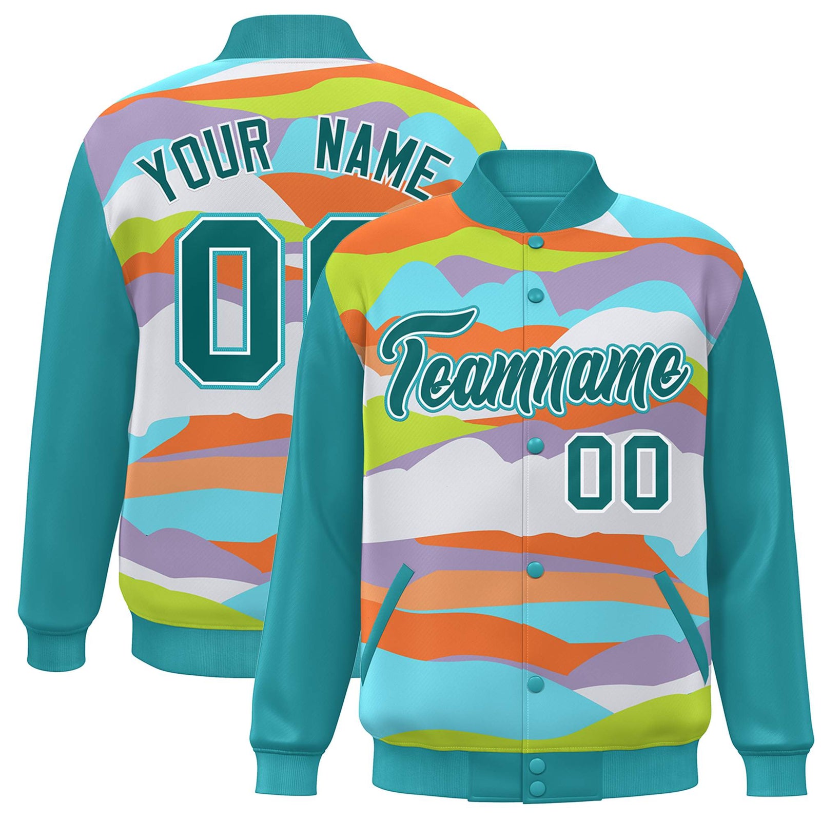 Custom Aqua White Multi Clouds Graffiti Pattern Varsity Full-Snap Jacket