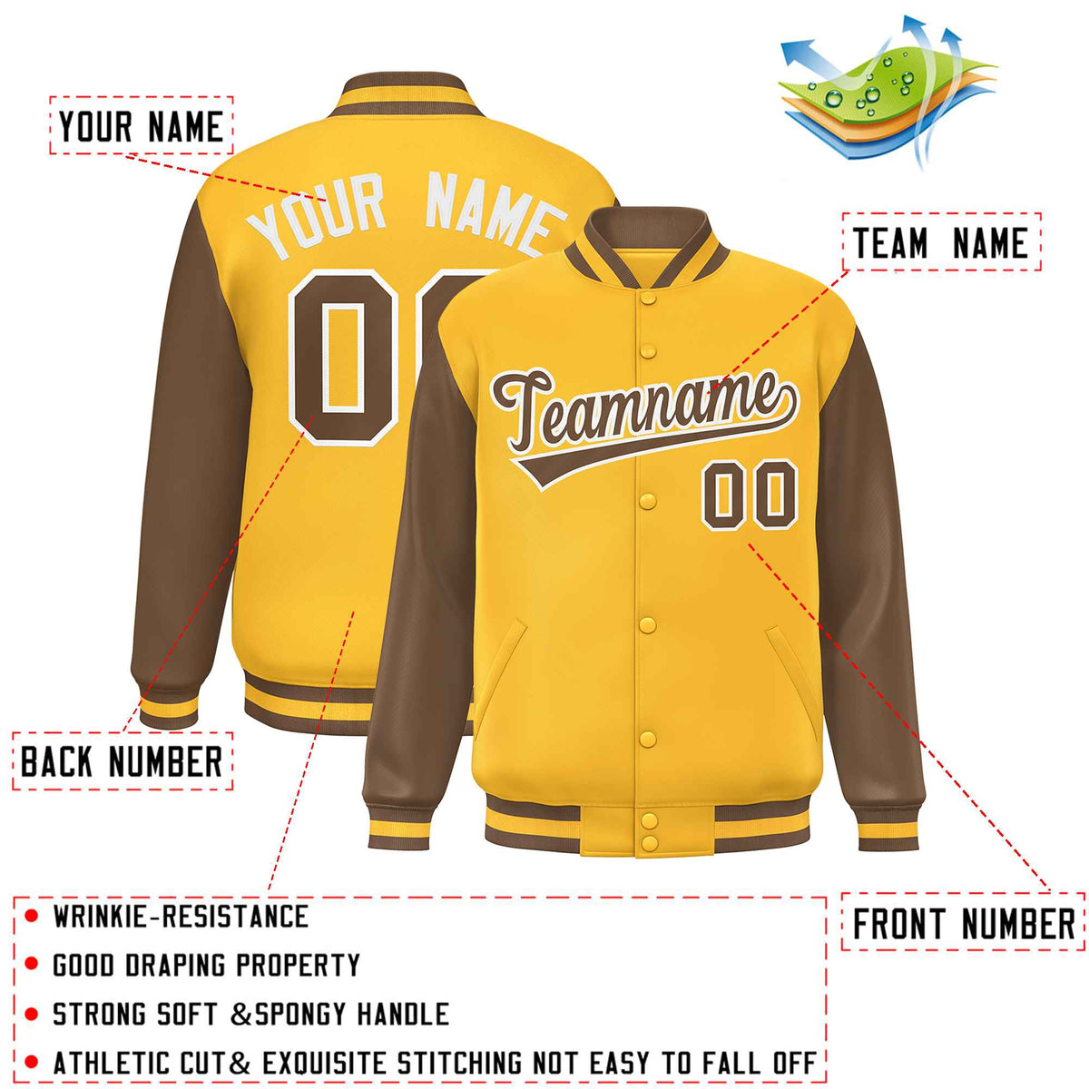Custom Gold Light Brown Varsity Full-Snap Raglan Sleeves Letterman Baseball Jacket