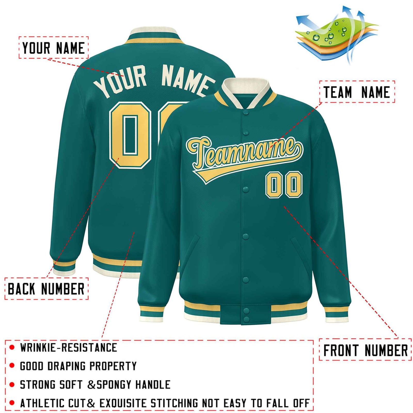 Custom Aqua Yellow Varsity Full-Snap Classic Style Letterman Baseball Jacket