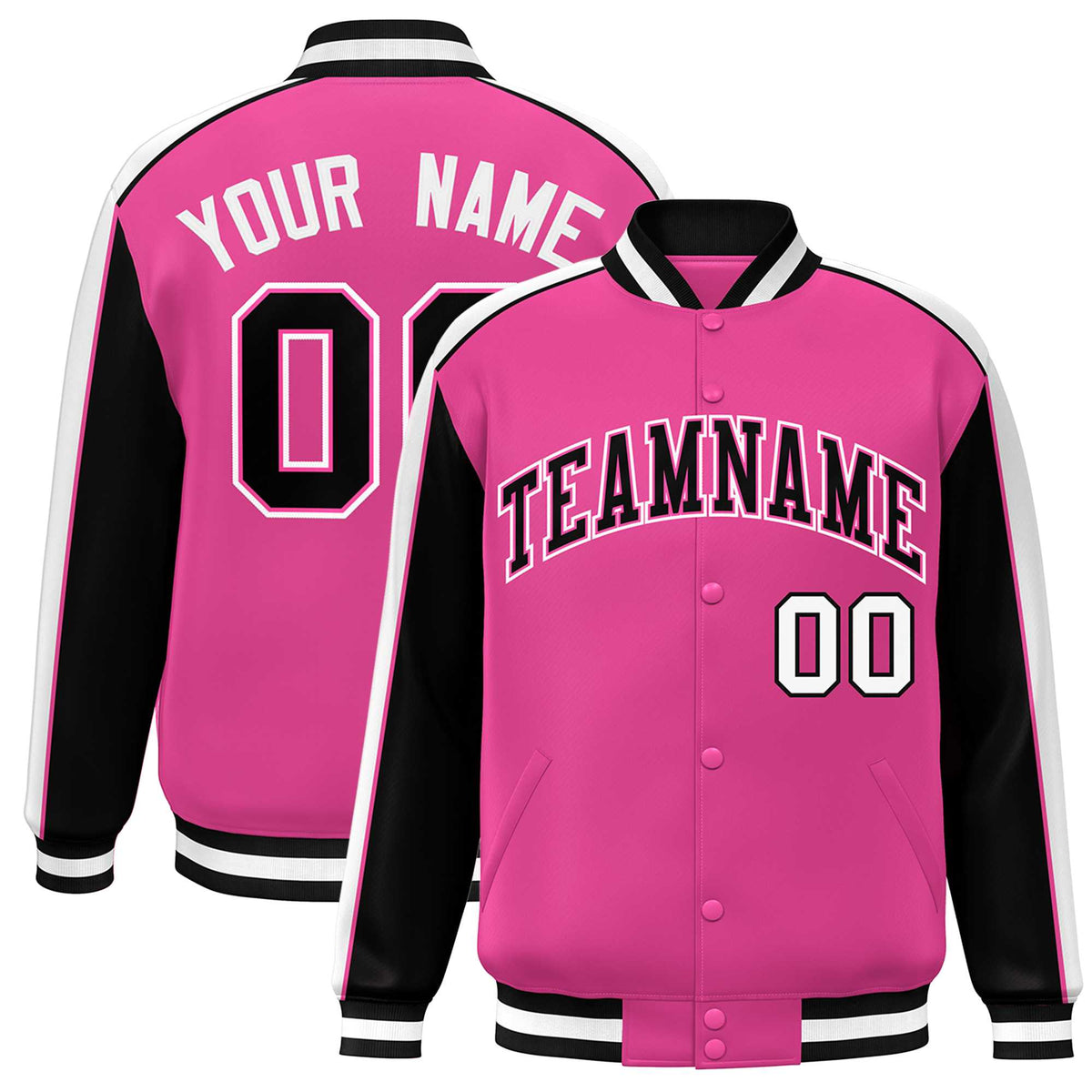 Custom Pink Black-White Color Block Bomber Varsity Full-Snap Baseball Jacket