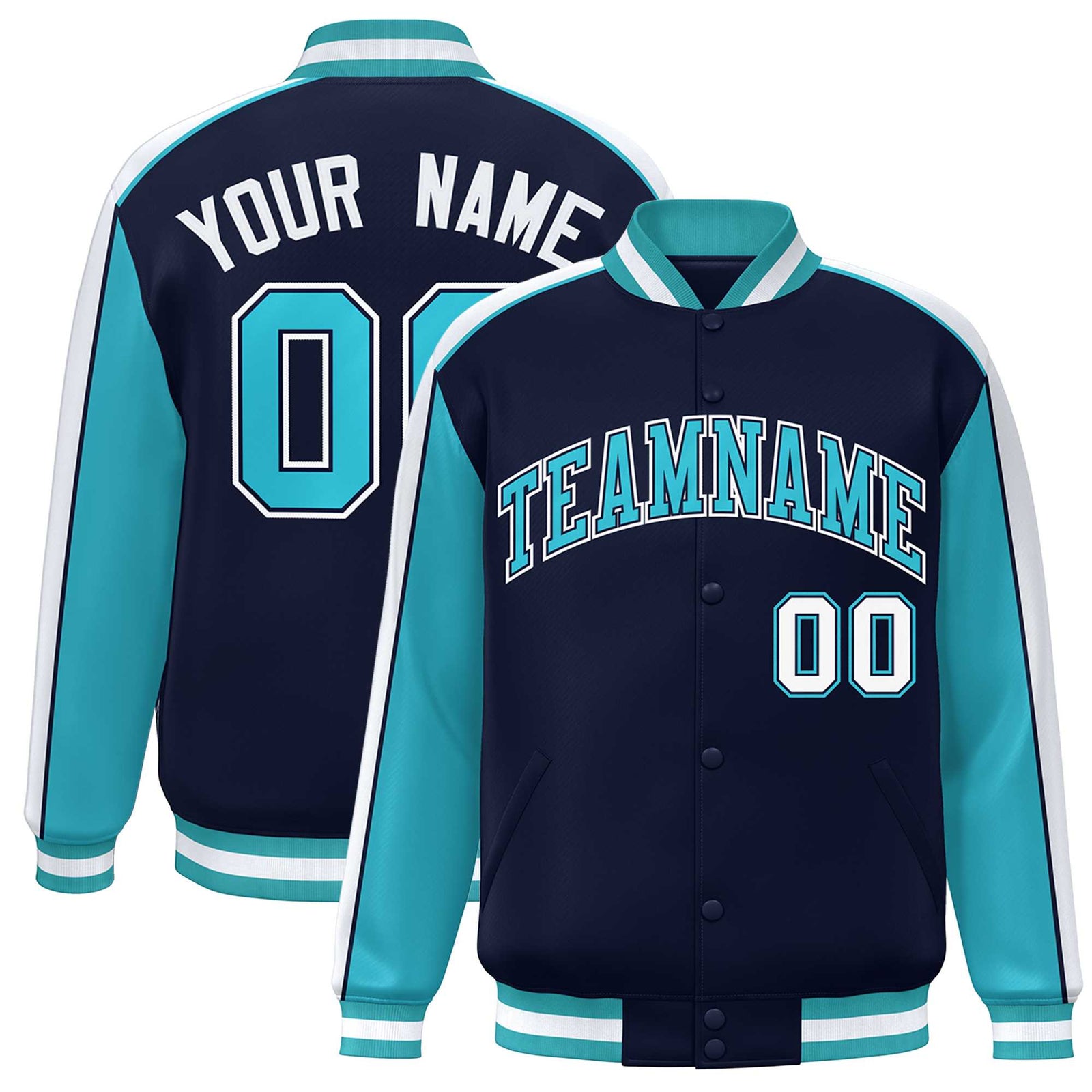 Custom Navy Aqua-White Color Block Bomber Varsity Full-Snap Baseball Jacket