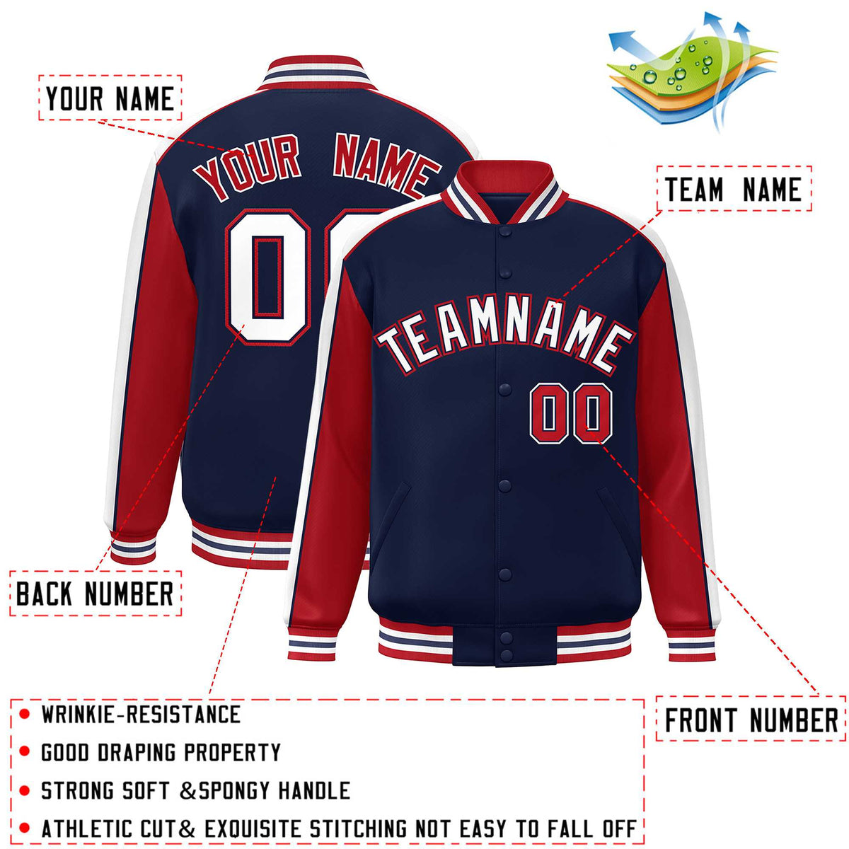 Custom Navy Red-White Color Block Bomber Varsity Full-Snap Baseball Jacket