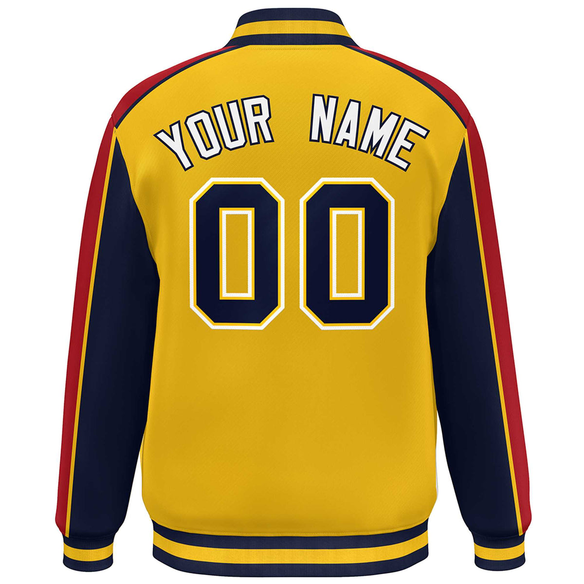 Custom Gold Navy-Red Color Block Bomber Varsity Full-Snap Baseball Jacket
