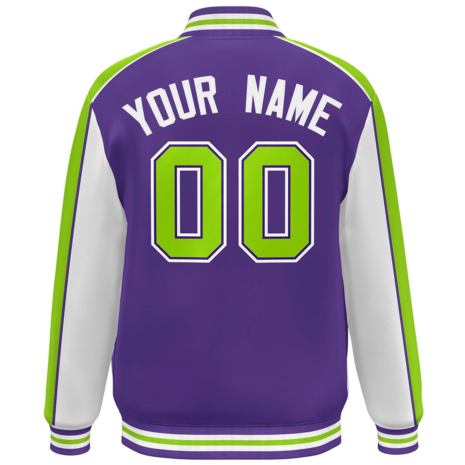 Custom Purple White-Neon Green Color Block Bomber Varsity Full-Snap Baseball Jacket