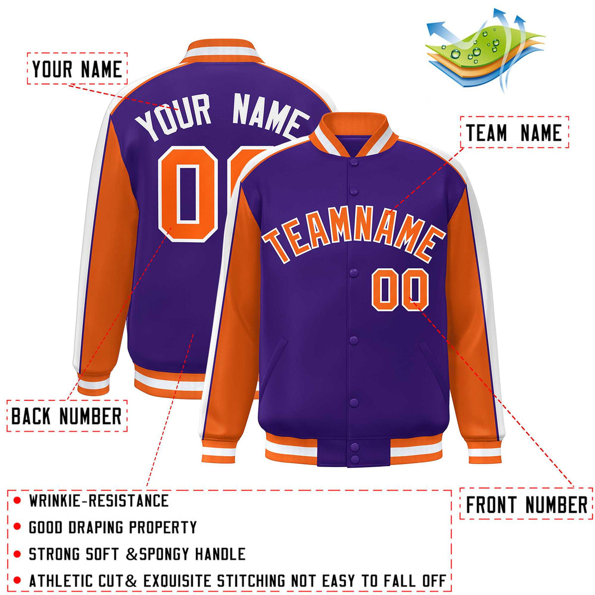 Custom Purple Orange-White Color Block Bomber Varsity Full-Snap Baseball Jacket