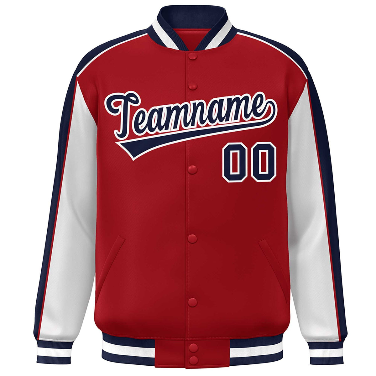 Custom Red Navy-White Color Block Bomber Varsity Full-Snap Baseball Jacket