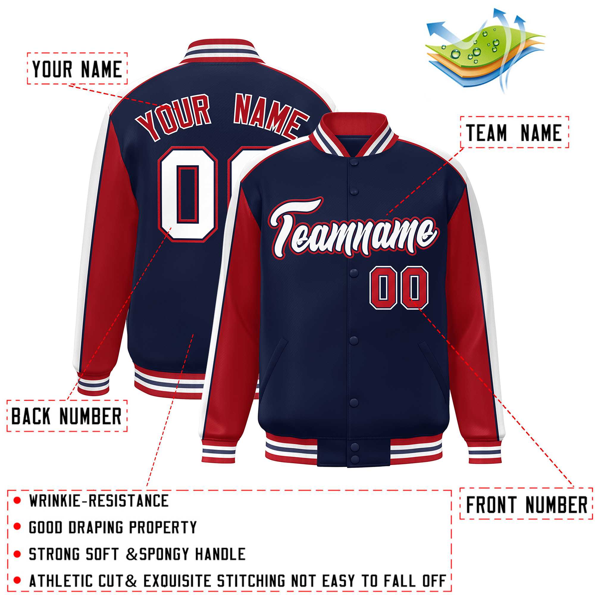 Custom Navy Red-White Color Block Bomber Varsity Full-Snap Baseball Jacket