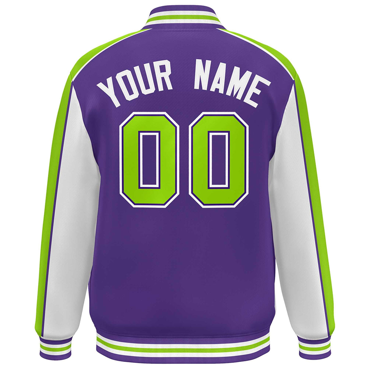Custom Purple White-Neon Green Color Block Bomber Varsity Full-Snap Baseball Jacket