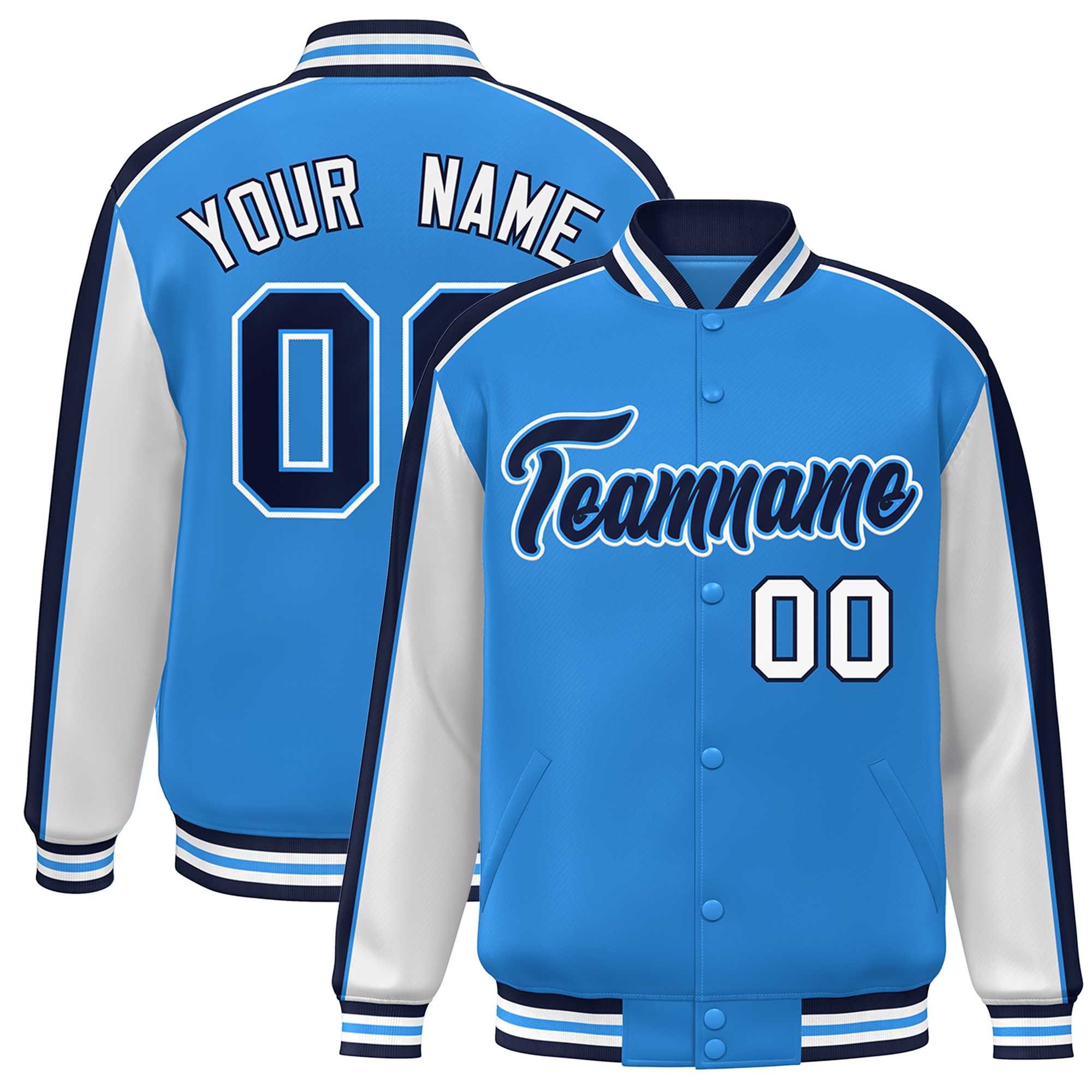 Custom Powder Blue White-Navy Color Block Bomber Varsity Full-Snap Baseball Jacket