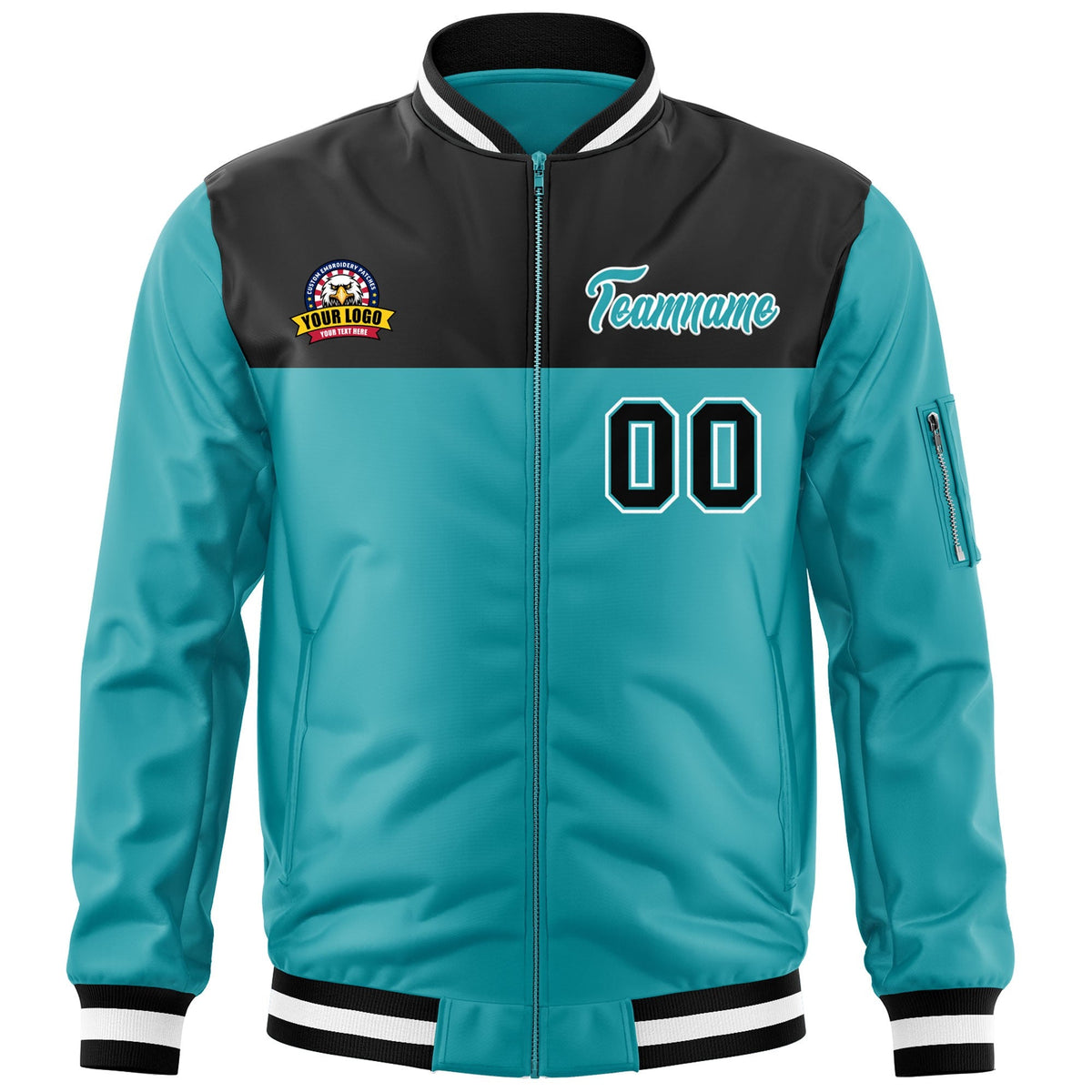 Custom Black Aqua Varsity Full-Zip Color Block Letterman Bomber Jacket