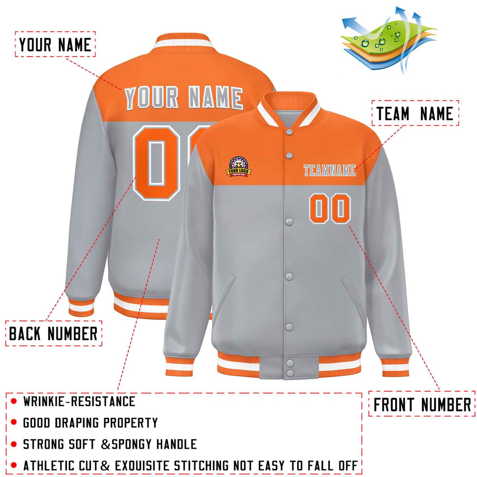 Custom Orange Gray-White Varsity Full-Snap Color Block Lettermen Baseball Jacket