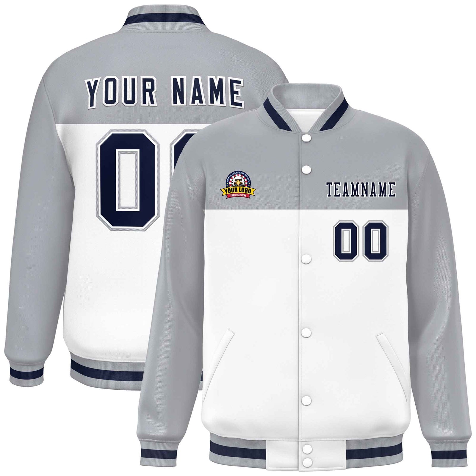 Custom Gray White-Navy Varsity Full-Snap Color Block Lettermen Baseball Jacket