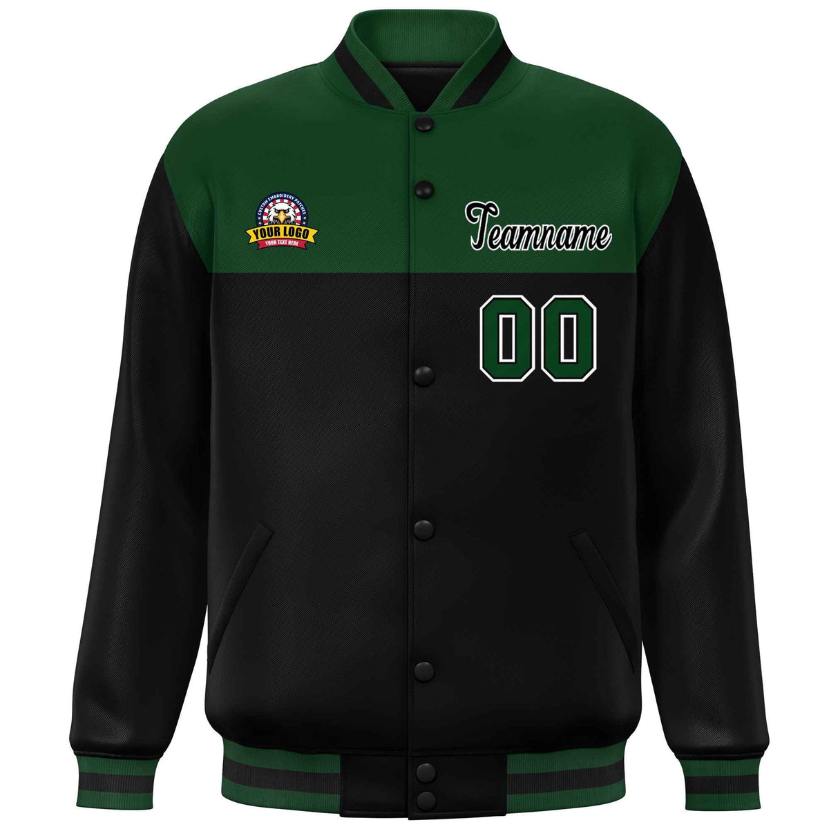 Custom Green Black-White Varsity Full-Snap Color Block Lettermen Baseball Jacket