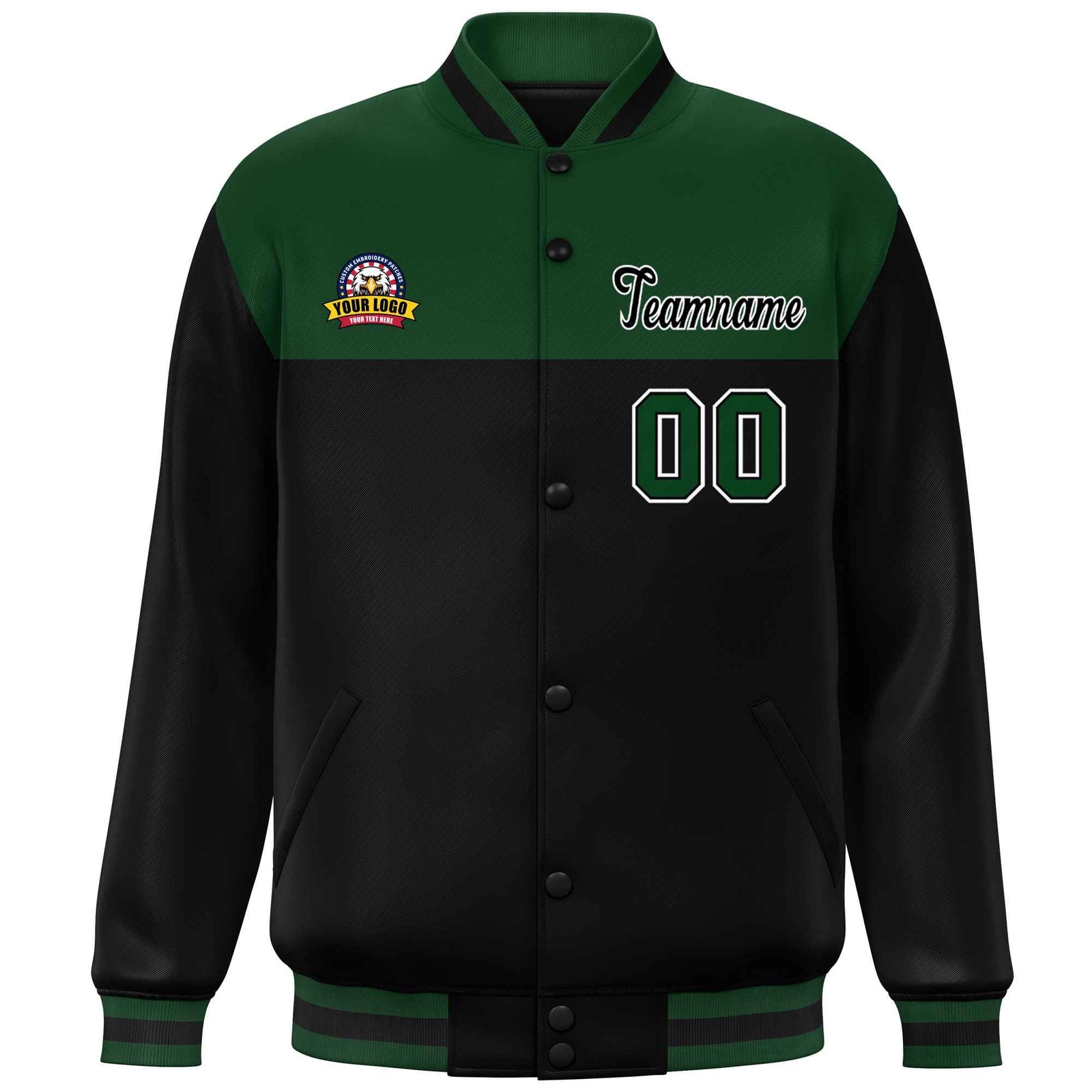 Custom Green Black-White Varsity Full-Snap Color Block Lettermen Baseball Jacket
