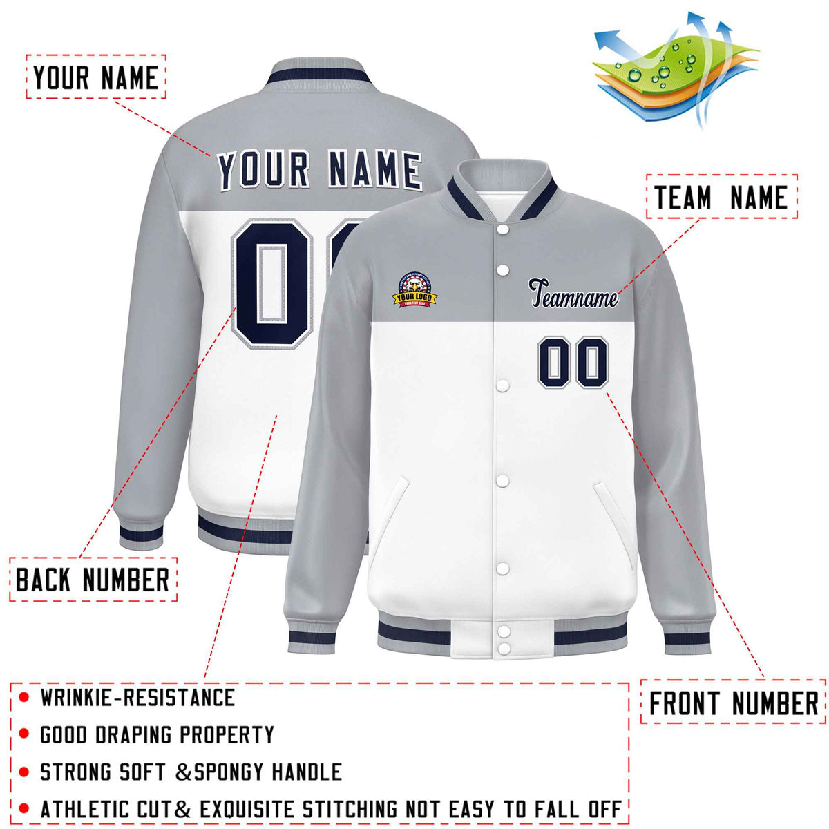 Custom Gray White-Navy Varsity Full-Snap Color Block Lettermen Baseball Jacket