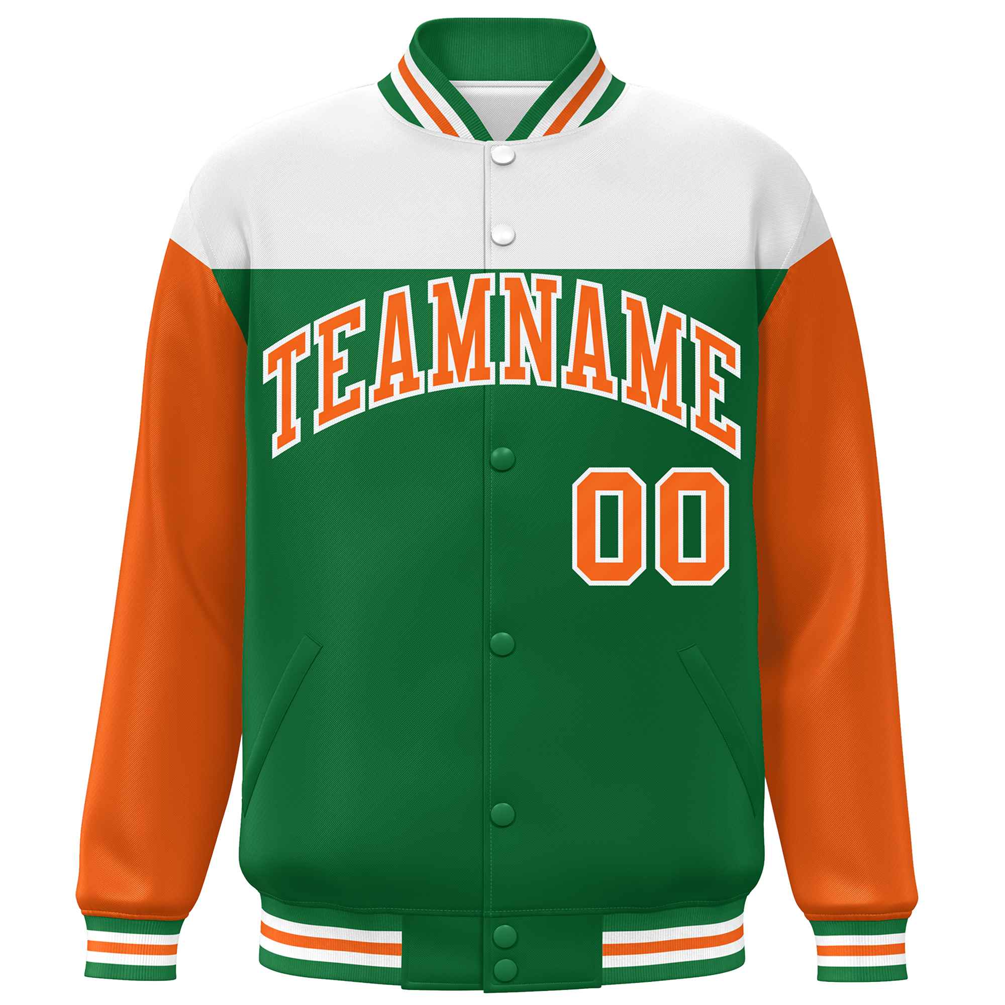 Custom White Kelly Green-Orange Letterman Color Block Varsity Full-Snap Baseball Jacket