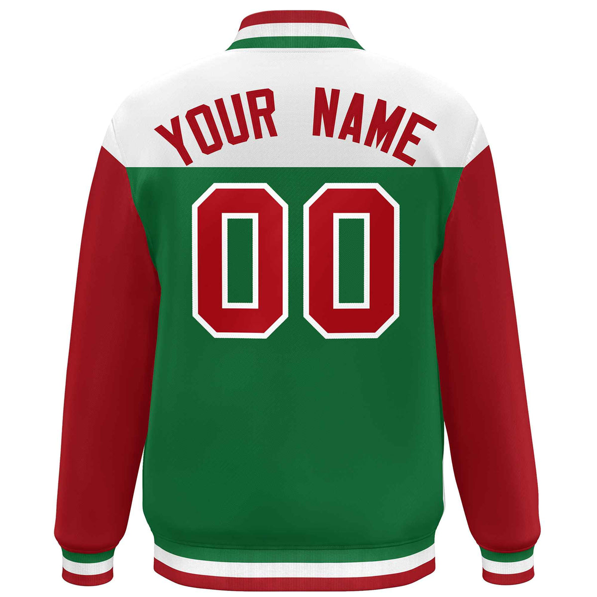 Custom White Kelly Green-Red Letterman Color Block Varsity Full-Snap Baseball Jacket