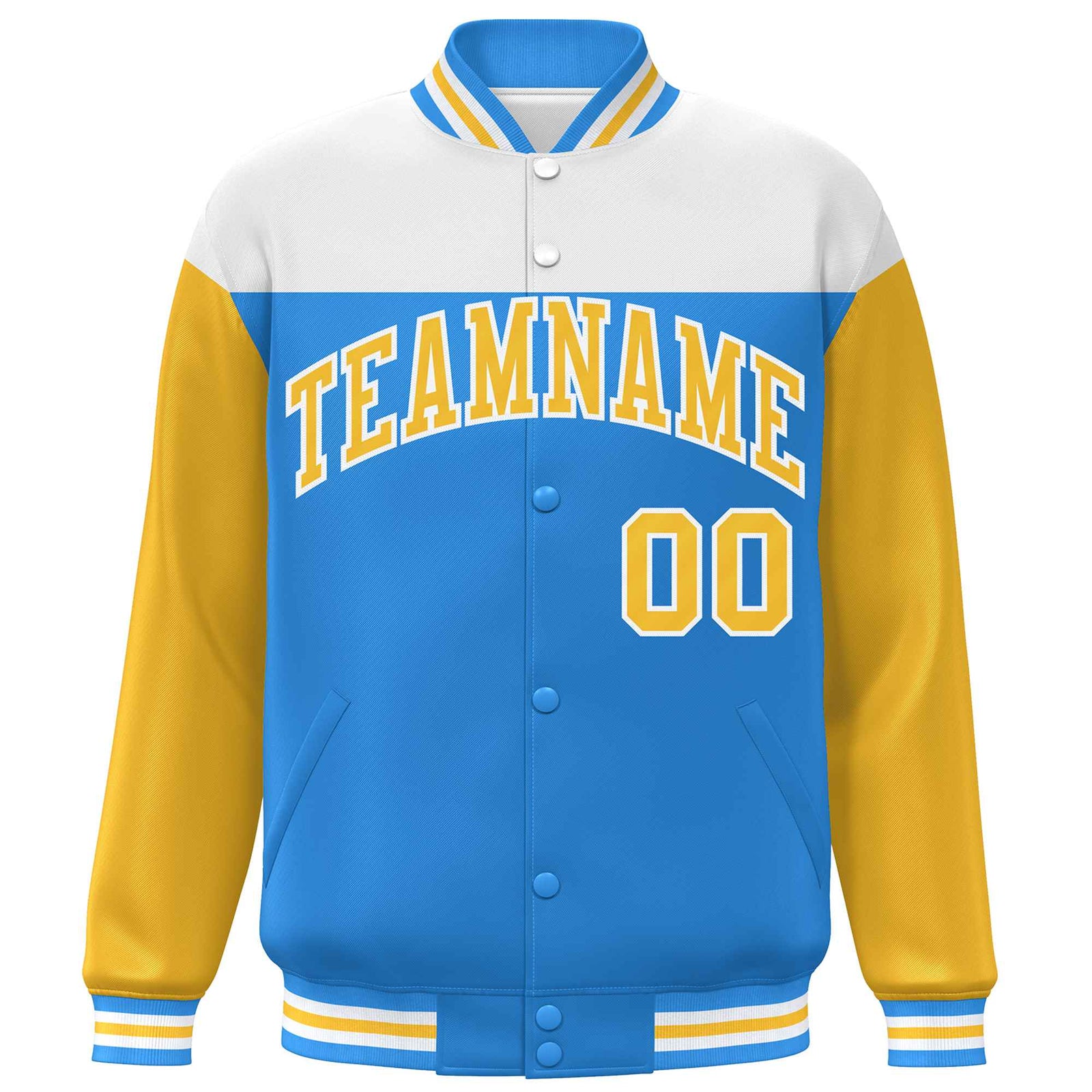 Custom White Powder Blue-Gold Letterman Color Block Varsity Full-Snap Baseball Jacket