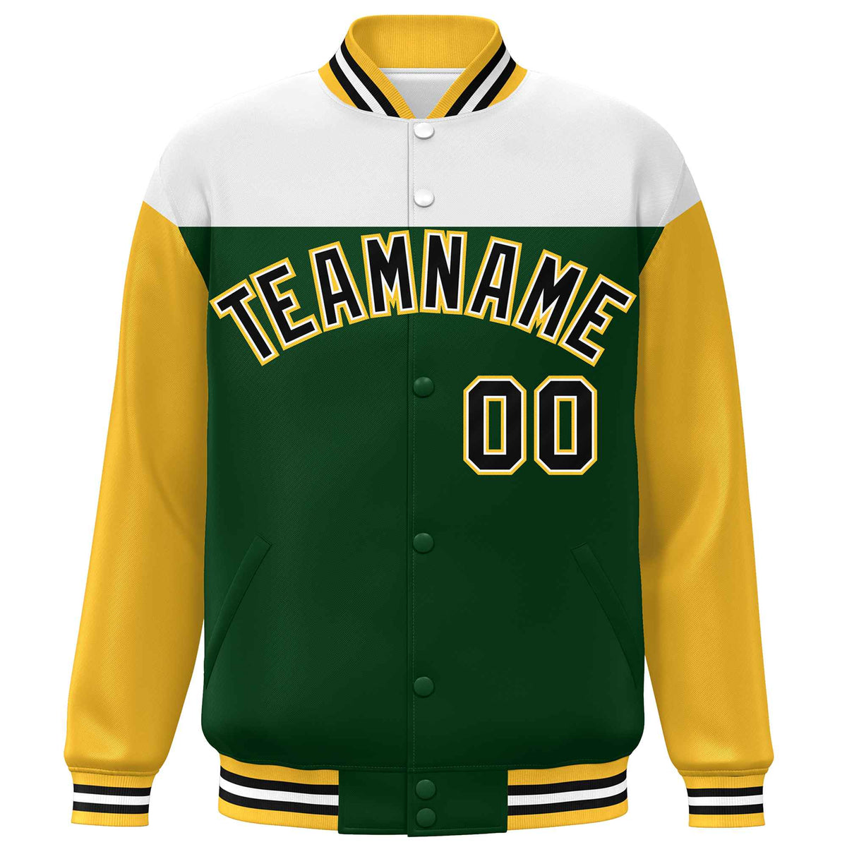 Custom White Green-Gold Letterman Color Block Varsity Full-Snap Baseball Jacket