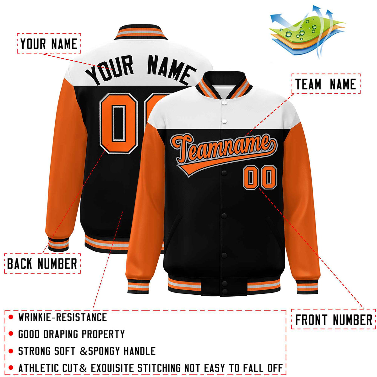 Custom White Black-Orange Letterman Color Block Varsity Full-Snap Baseball Jacket