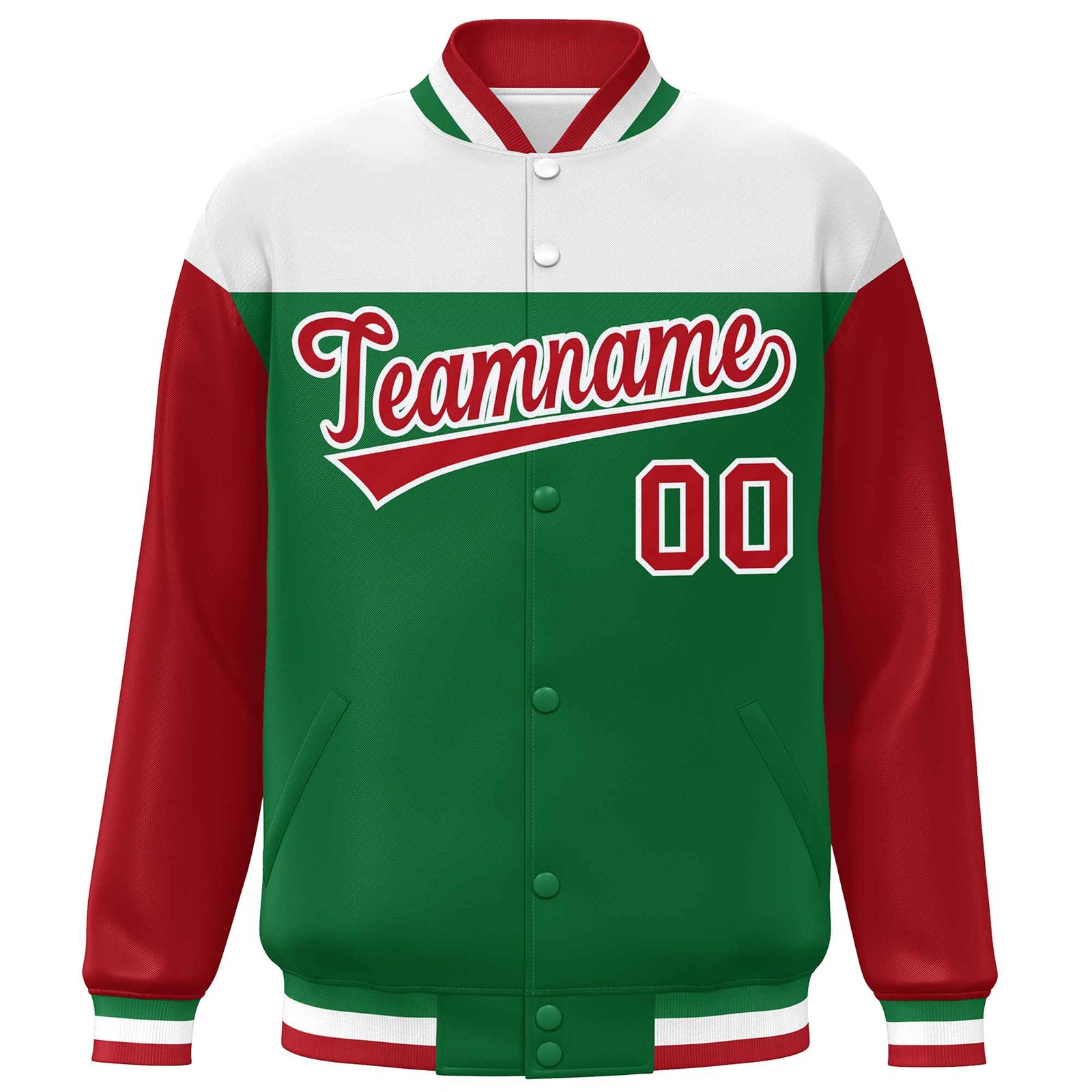 Custom White Kelly Green-Red Letterman Color Block Varsity Full-Snap Baseball Jacket