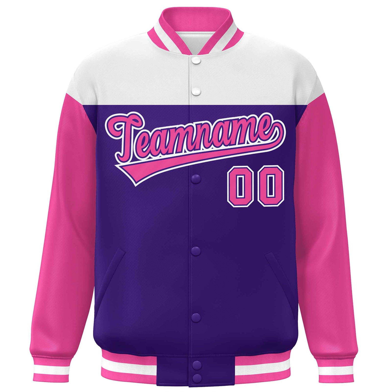 Custom White Purple-Pink Letterman Color Block Varsity Full-Snap Baseball Jacket