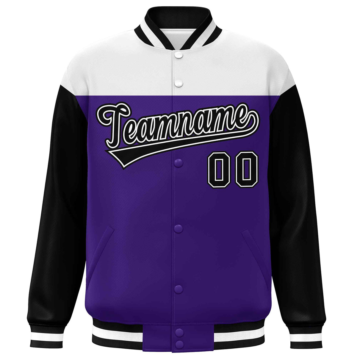Custom White Purple-Black Letterman Color Block Varsity Full-Snap Baseball Jacket