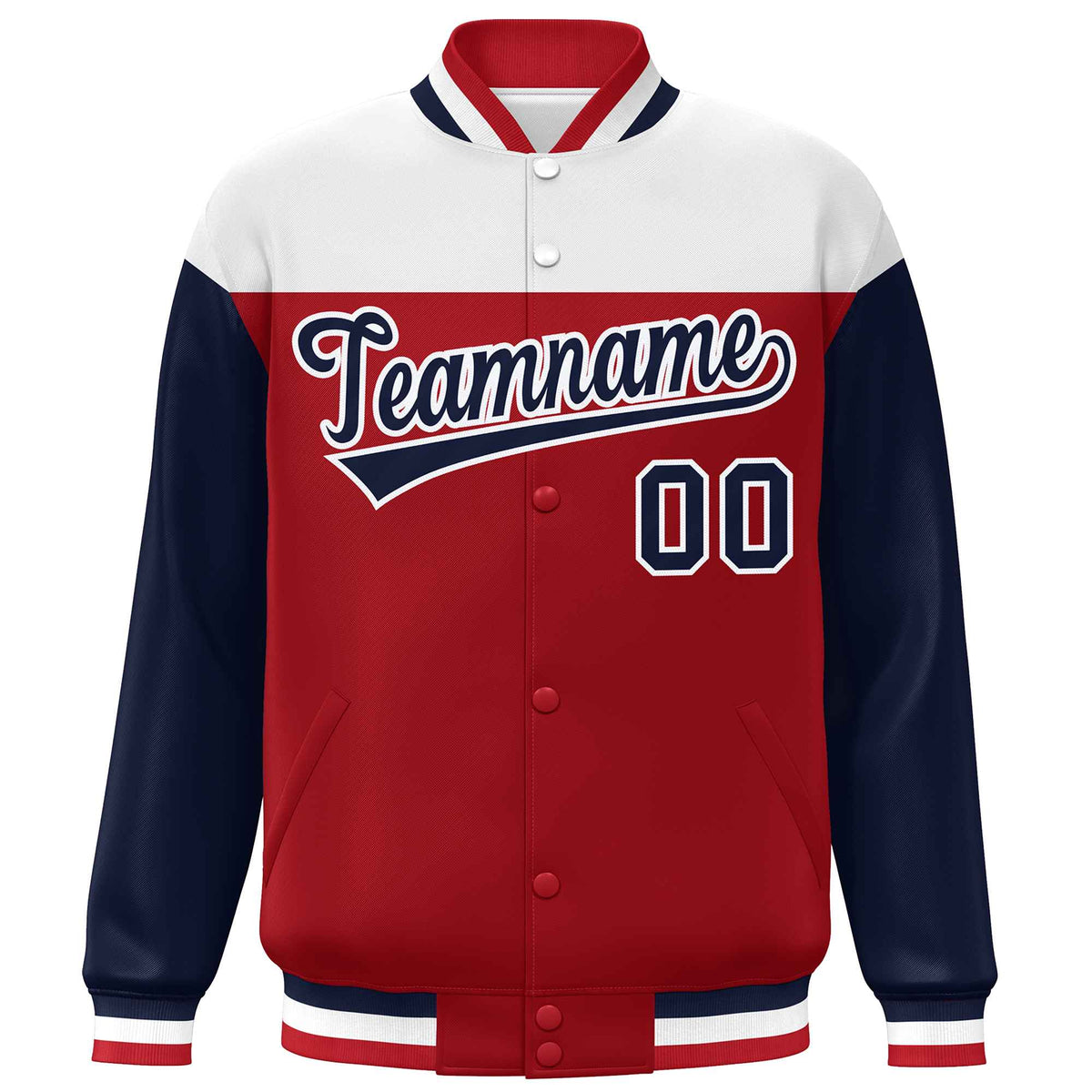 Custom White Red-Navy Letterman Color Block Varsity Full-Snap Baseball Jacket