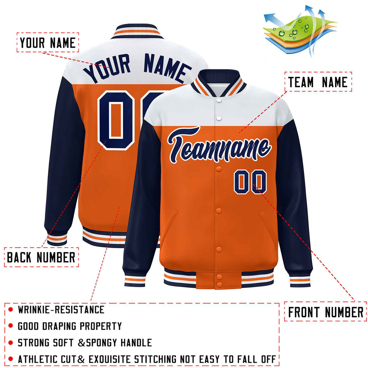 Custom White Orange-Navy Letterman Color Block Varsity Full-Snap Baseball Jacket