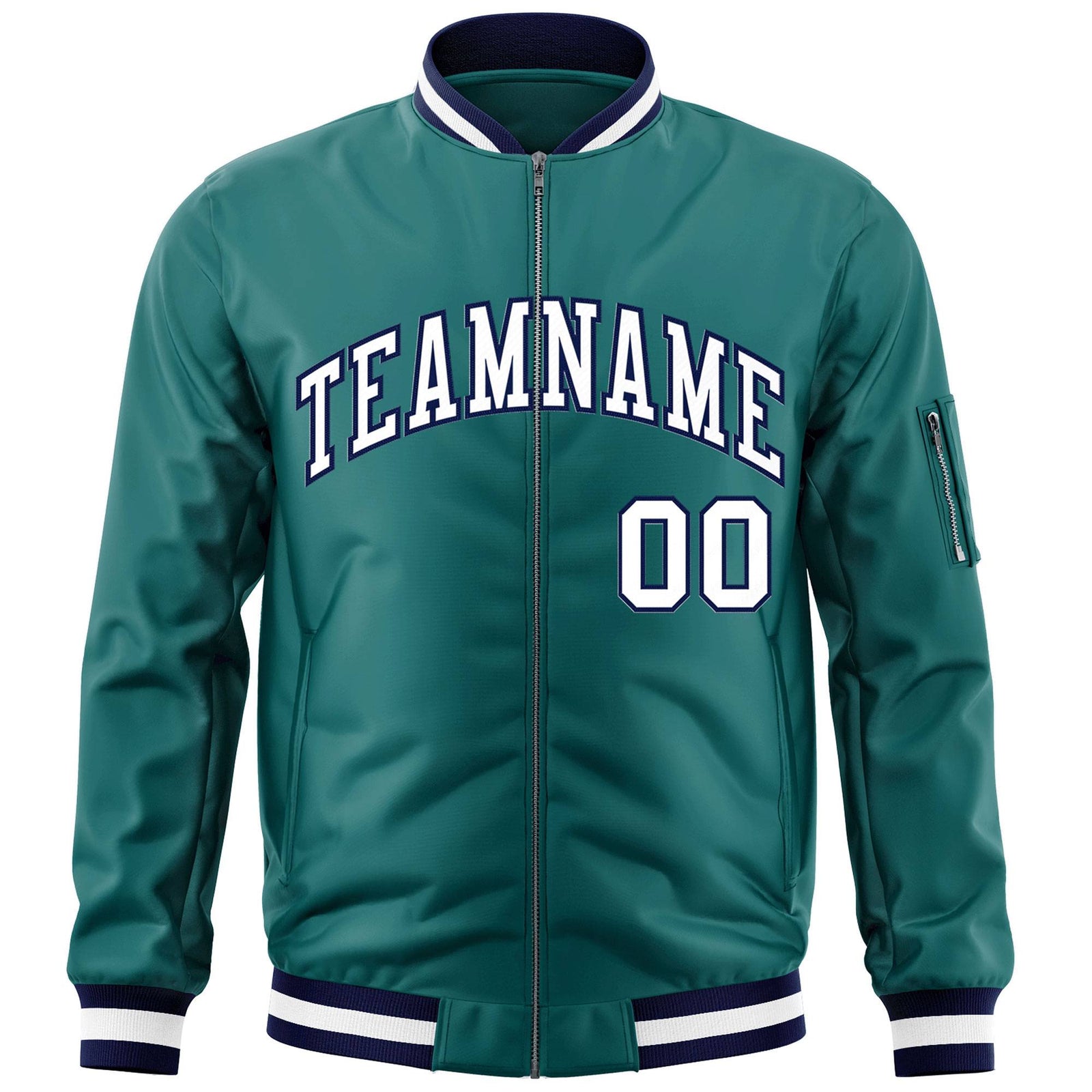 Custom Aqua White-Navy Varsity Full-Zip Letterman Bomber Jacket