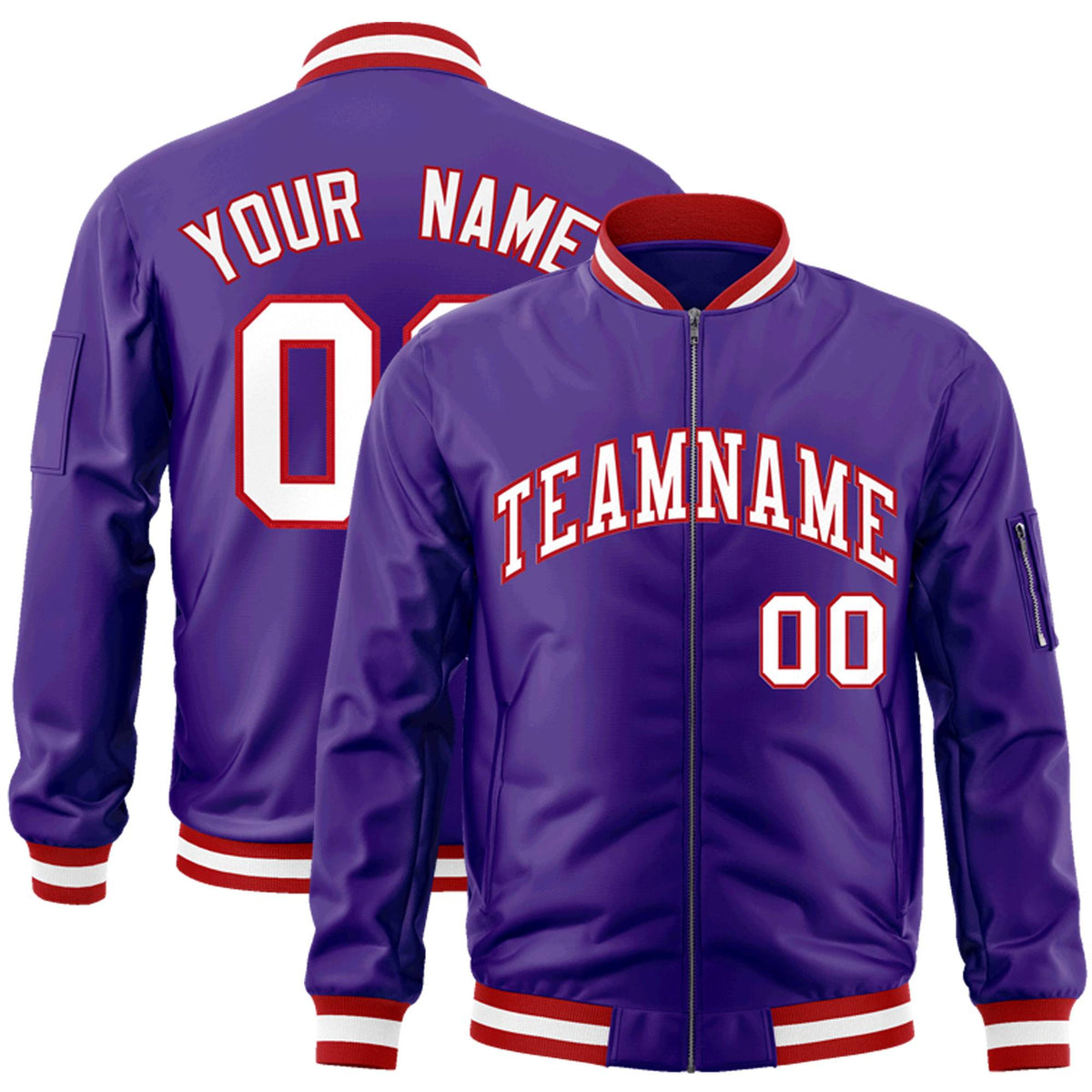 Custom Purple White-Red Varsity Full-Zip Letterman Bomber Jacket